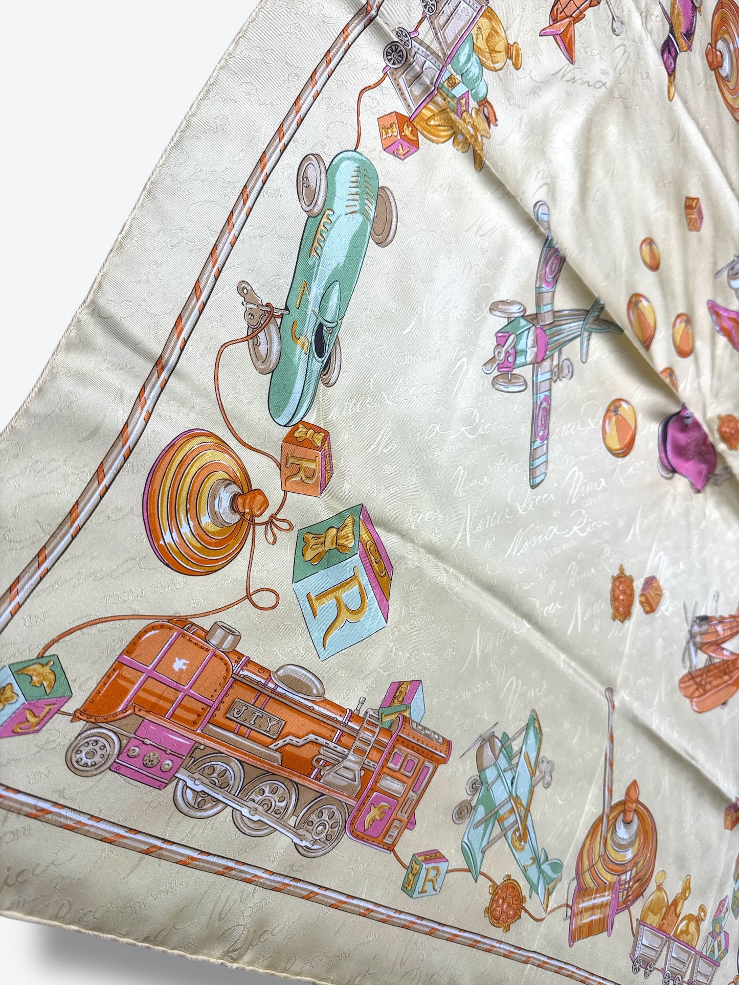 1980s 34” Nina Ricci Paris “Jouets” Toys & Trains Aviation Print Scarf