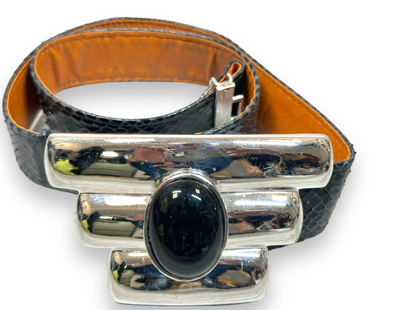1990s Alexis Kirk Snakeskin + Metal Buckle Enamel Belt
