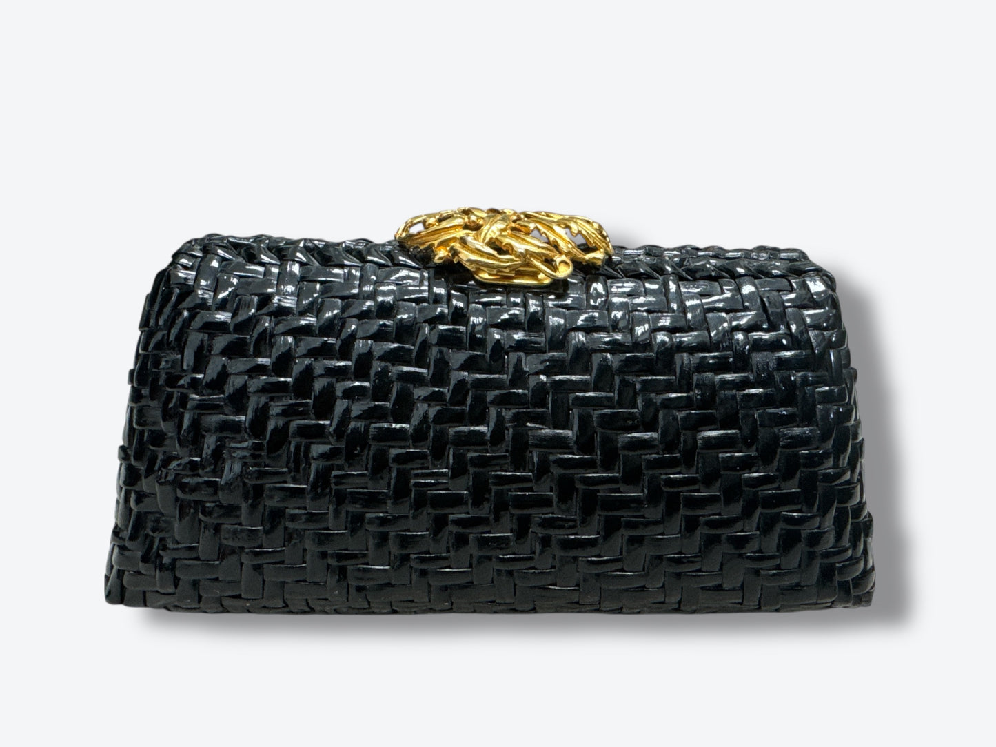 1980s  “Rodo” Black Wicker Clutch with Gold Clasp.