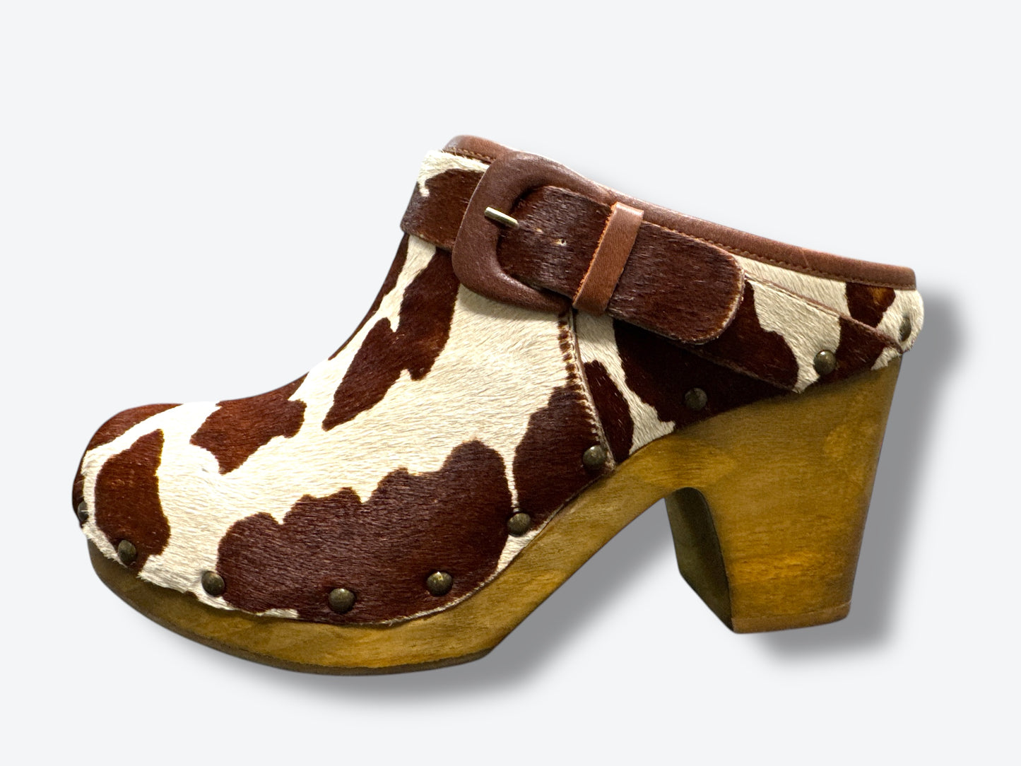 Trend: “Matisse” Brown + White Cow Hide Clogs