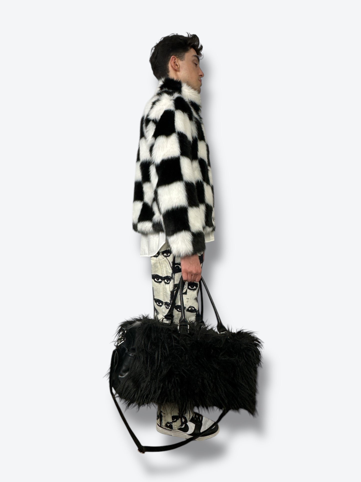 Vintage Black and White Checkered Faux Fur Jacket