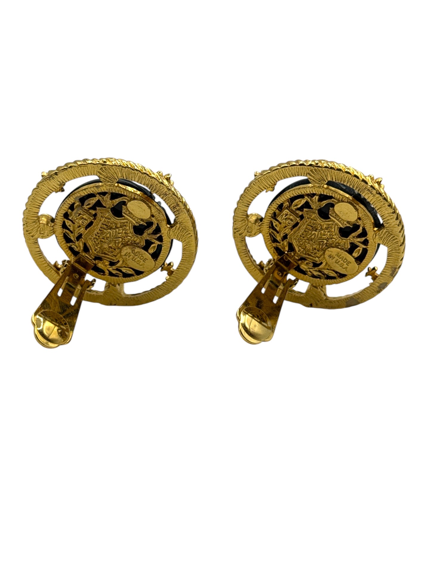 1980s Gold and Black Enamel Crest and Crystal Circular Clip On Earrings