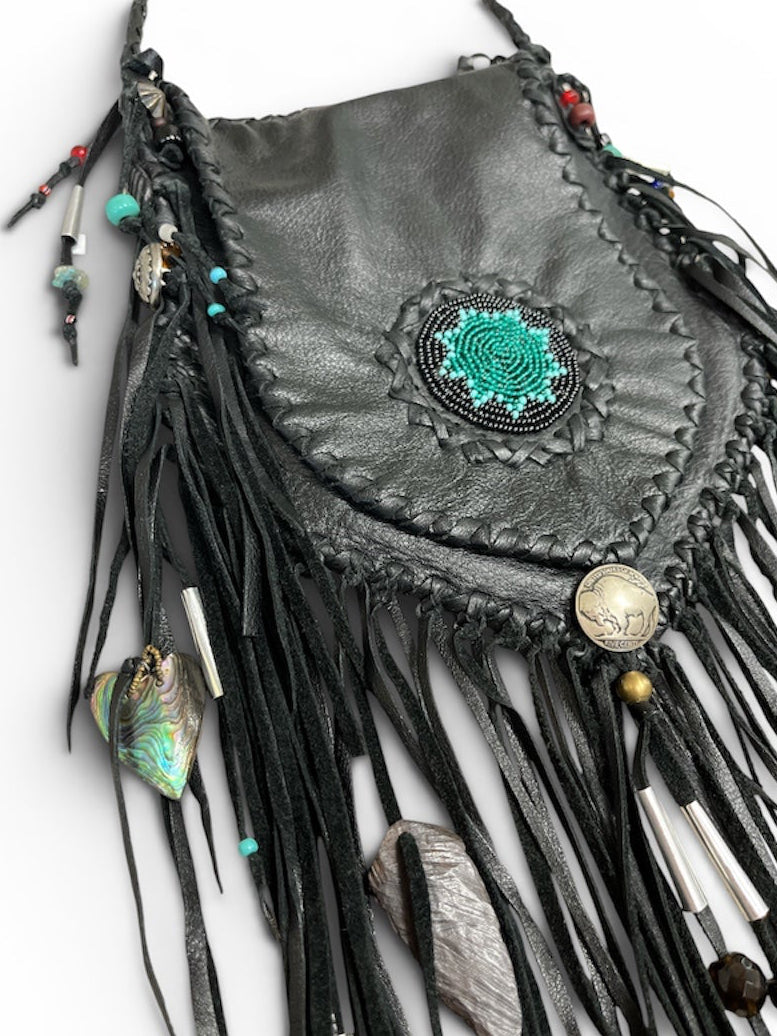 1970s black bone charm fringe crossbody