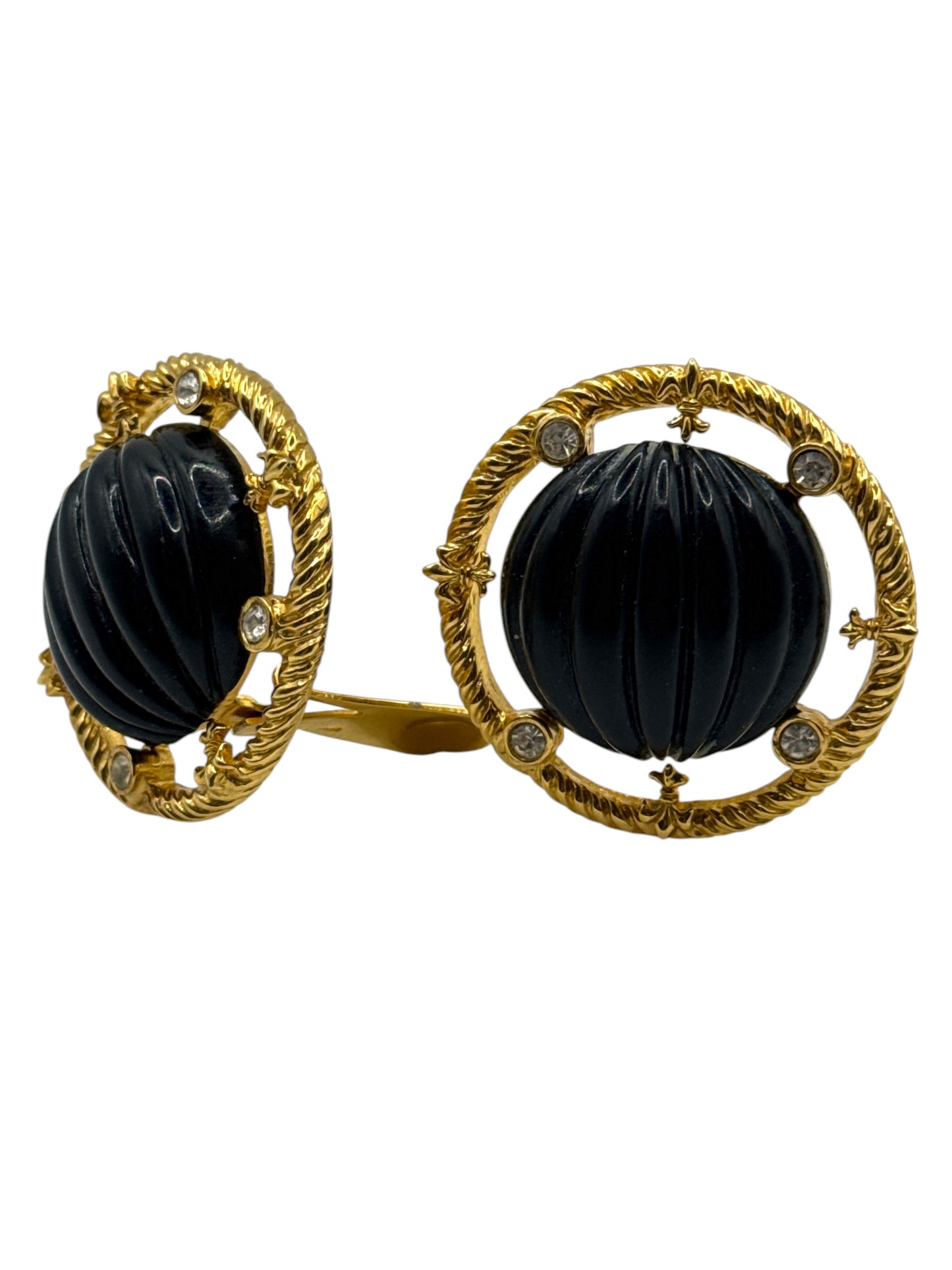 1980s Gold and Black Enamel Crest and Crystal Circular Clip On Earrings