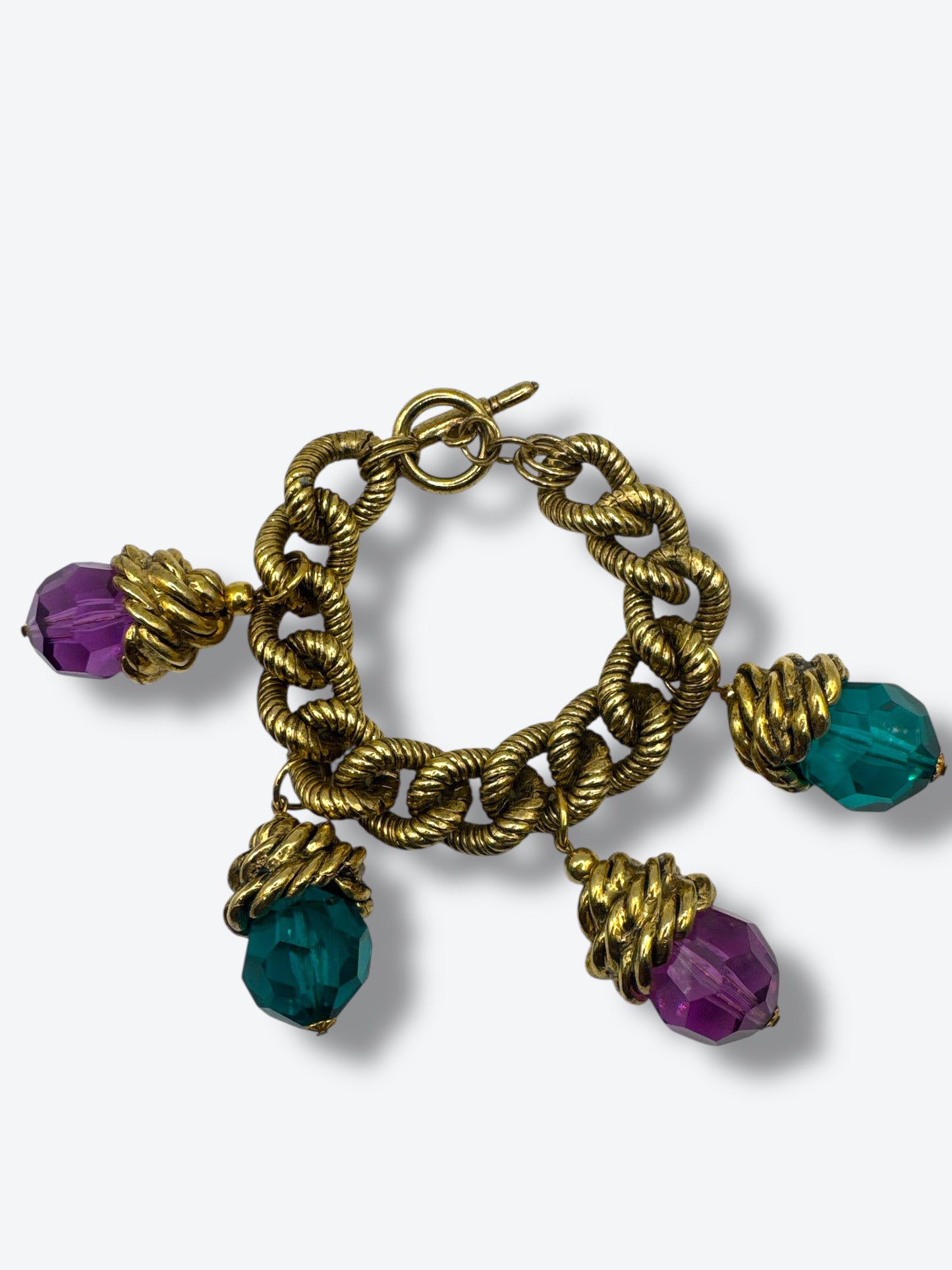 Vintage Chunky Chain Bracelet with Jewel-Tone Glass Charms