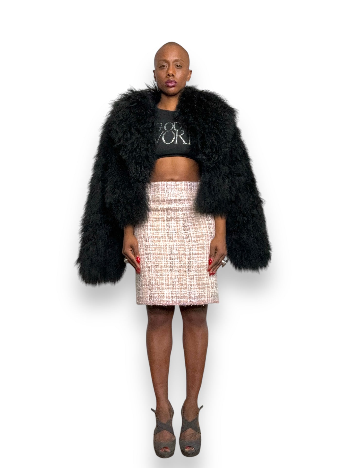 Modern Black Mongolian Lamb Crop Jacket