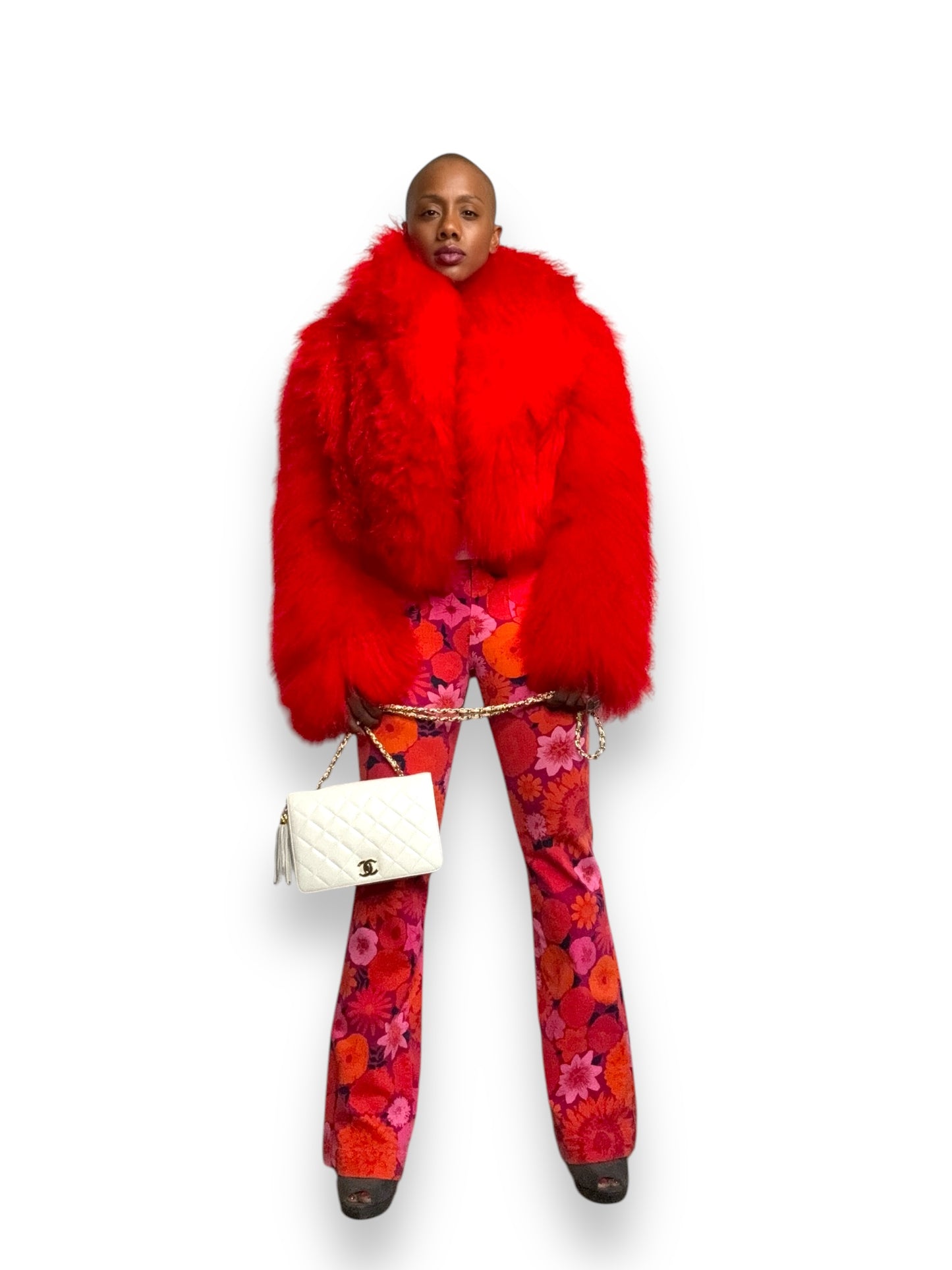 Modern Red Mongolian Lamb Crop Coat