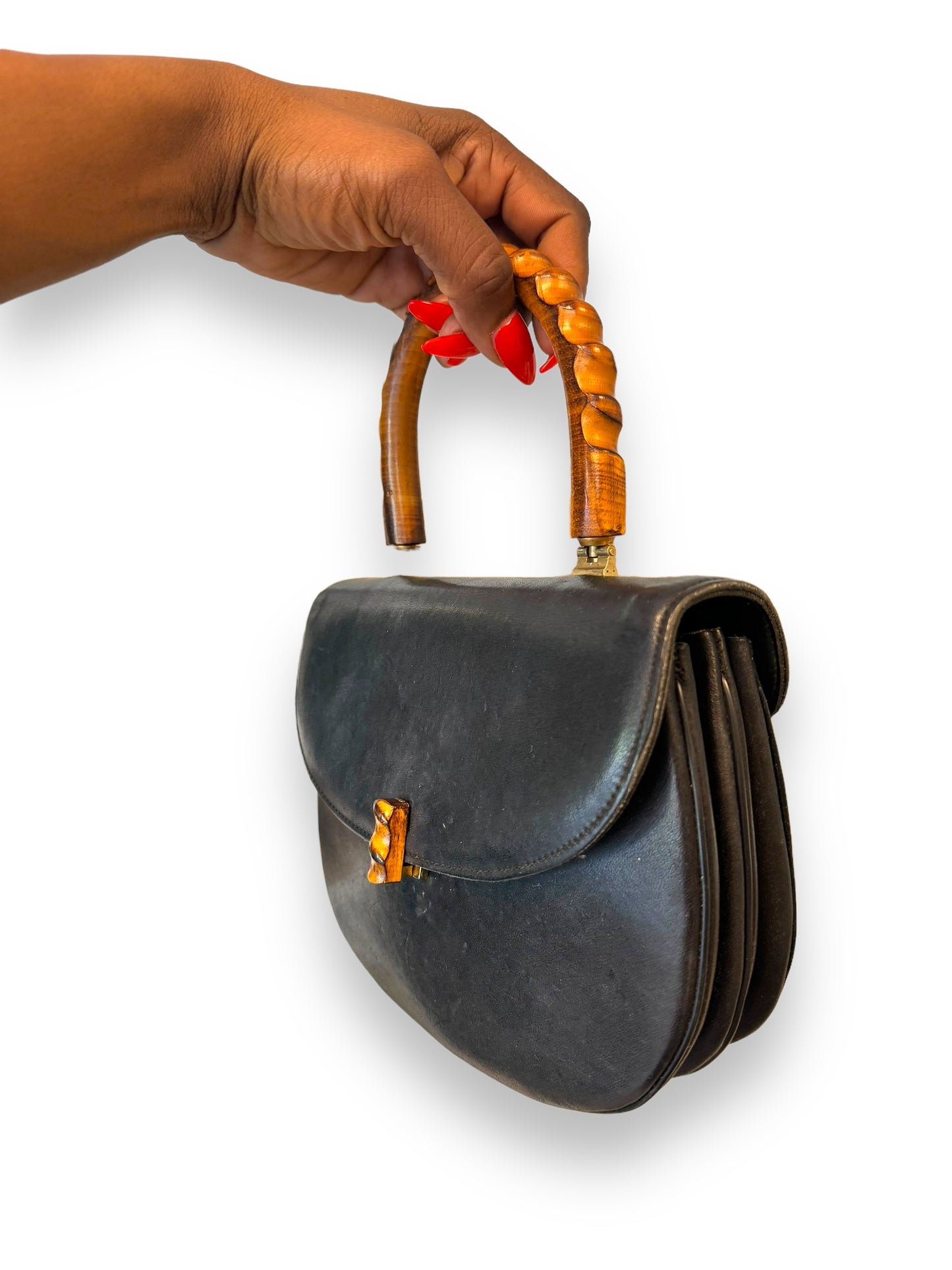 1950s Vegan Leather and Bamboo Accordion Style Hand Bag