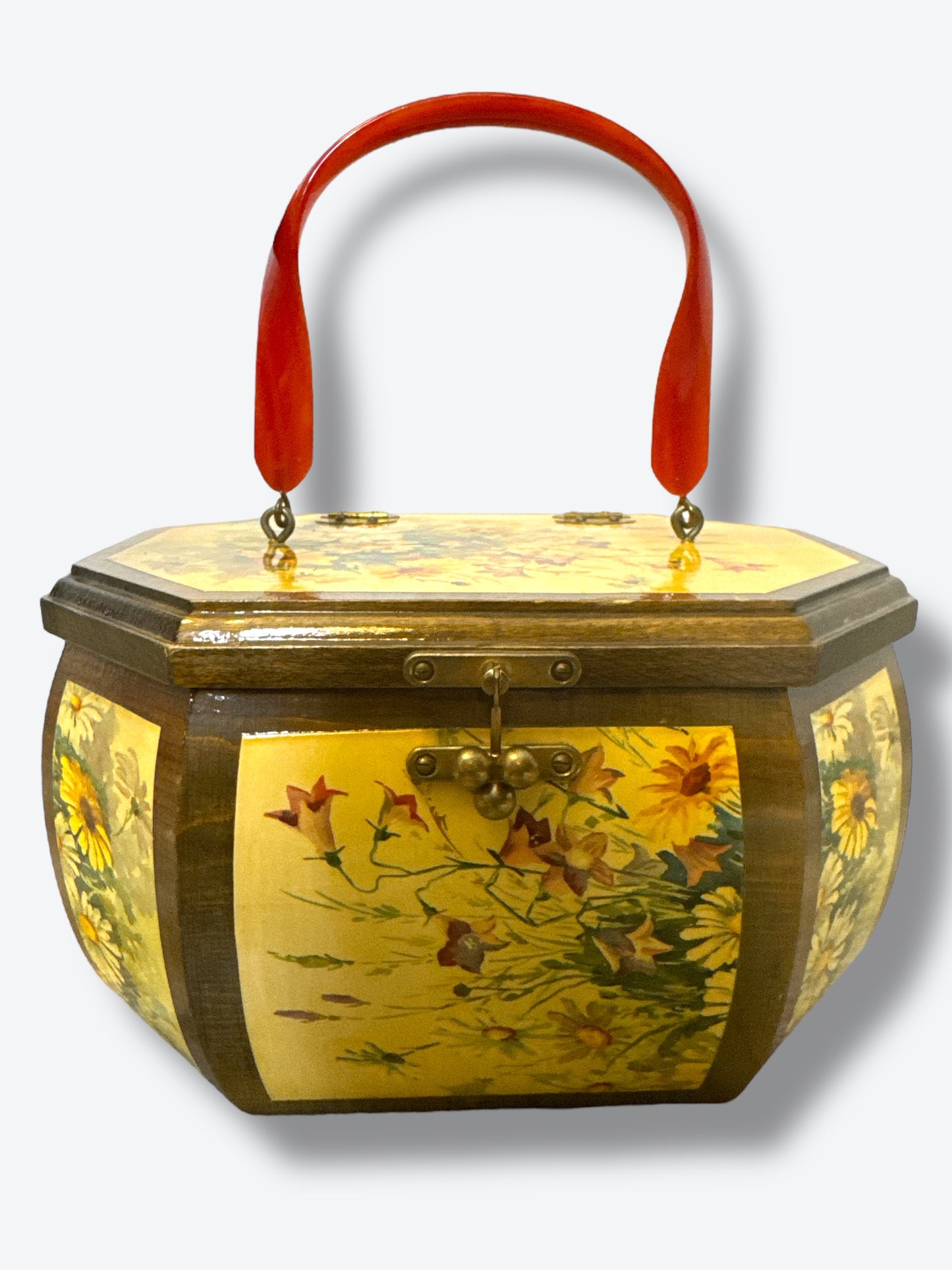 1960s Decoupage Floral Wooden Purse + Bakelite Handle