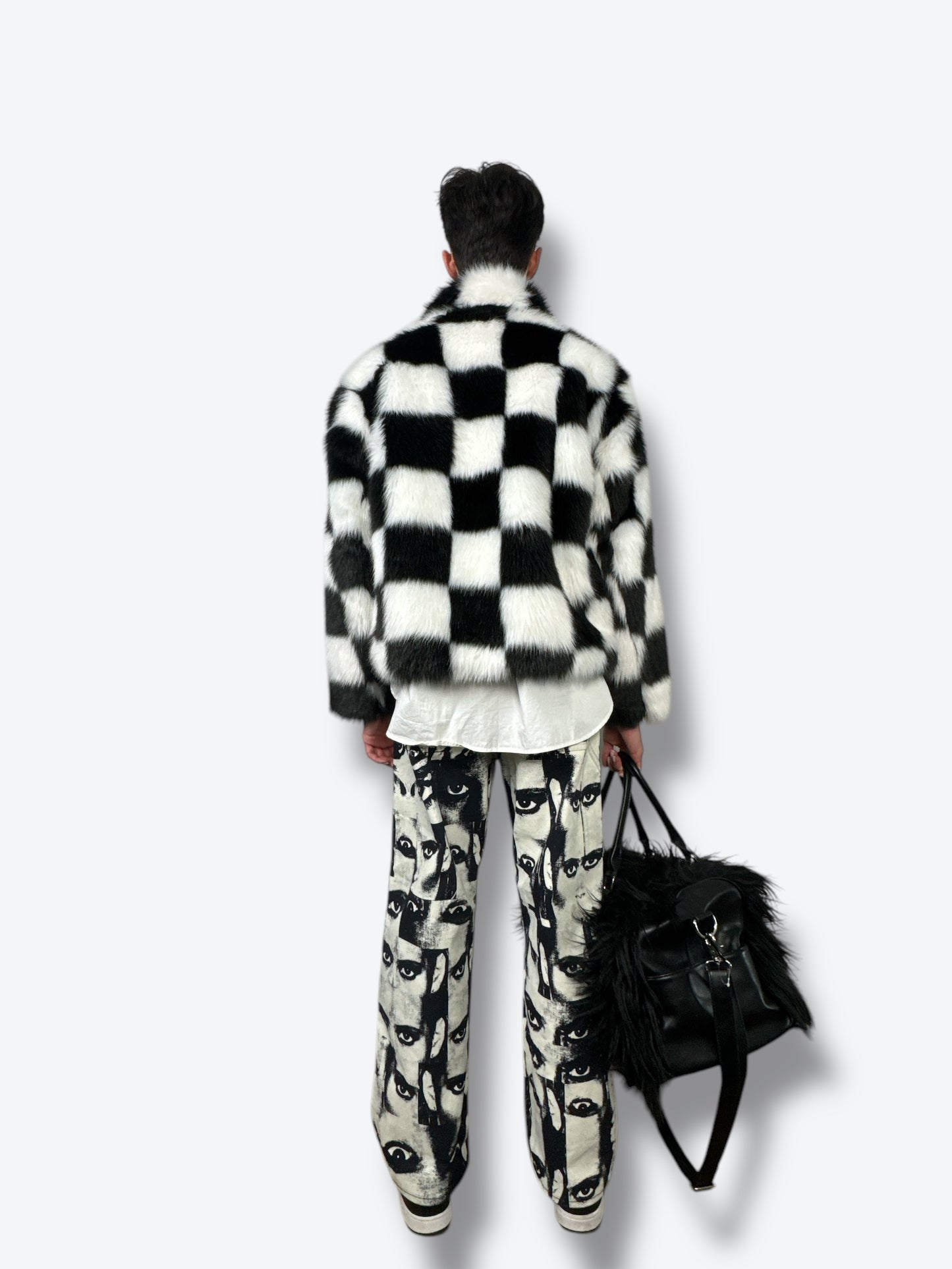 Vintage Black and White Checkered Faux Fur Jacket