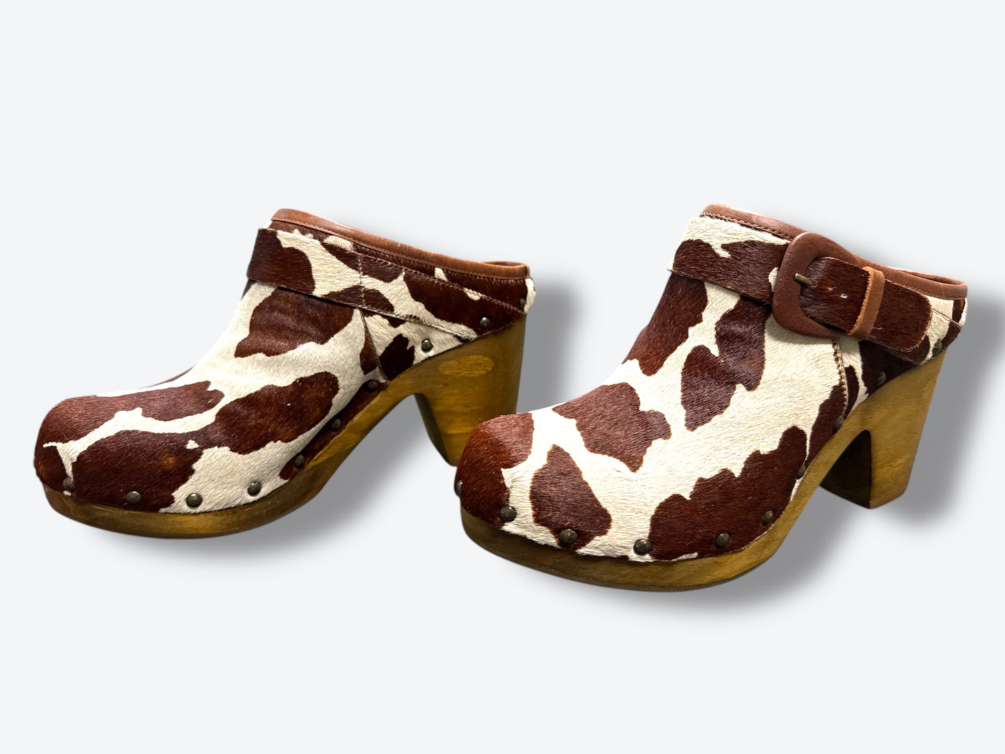Trend: “Matisse” Brown + White Cow Hide Clogs