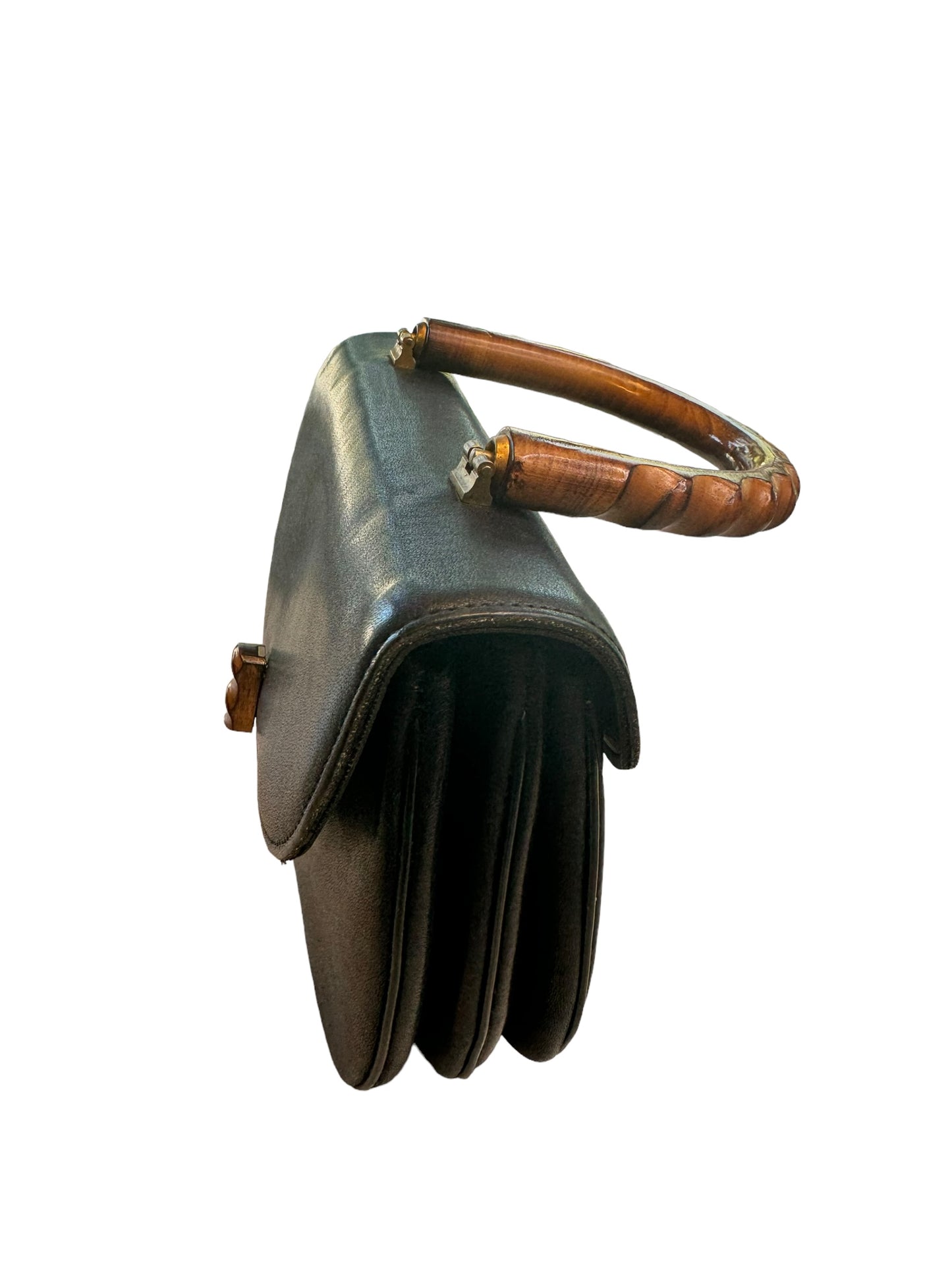 1950s Vegan Leather and Bamboo Accordion Style Hand Bag