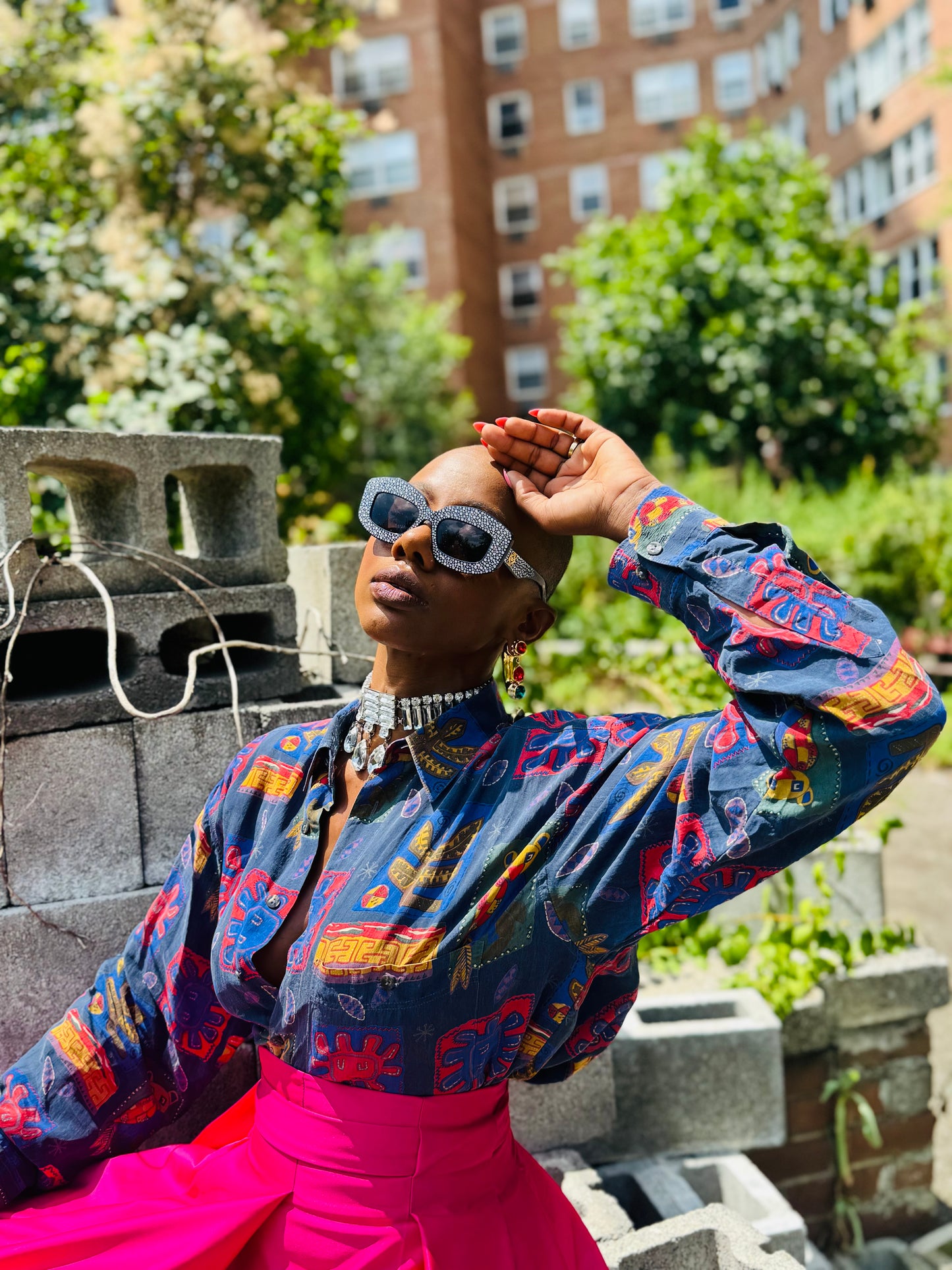 #218. King’s Road Blue Aztec Print Silk Top (Unisex)
