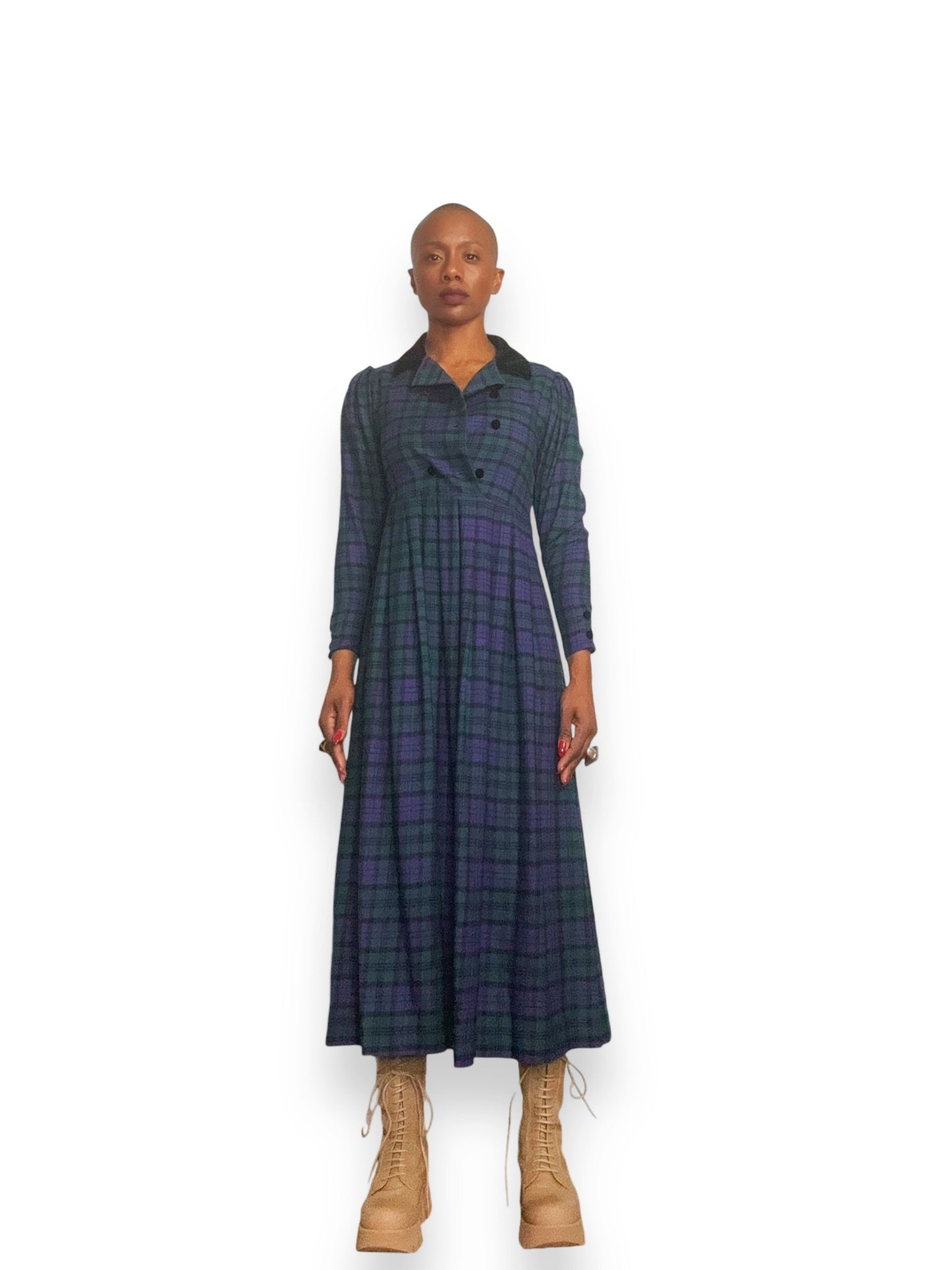 1990s / Y2K Laura Ashley Purple + Green Plaid Dress
