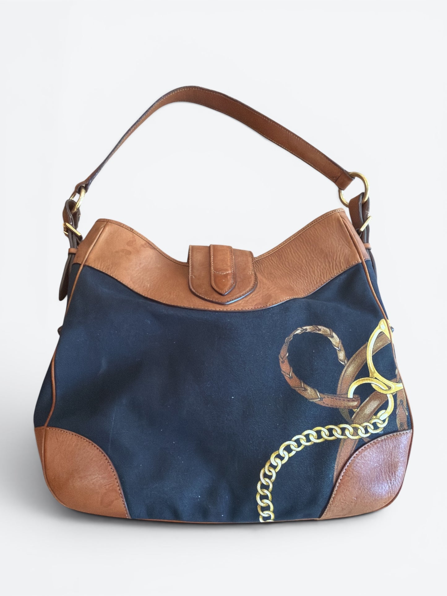 Y2K Ralph Lauren Stirrup Collection Equestrian Canvas & Leather Hobo Shoulder Bag