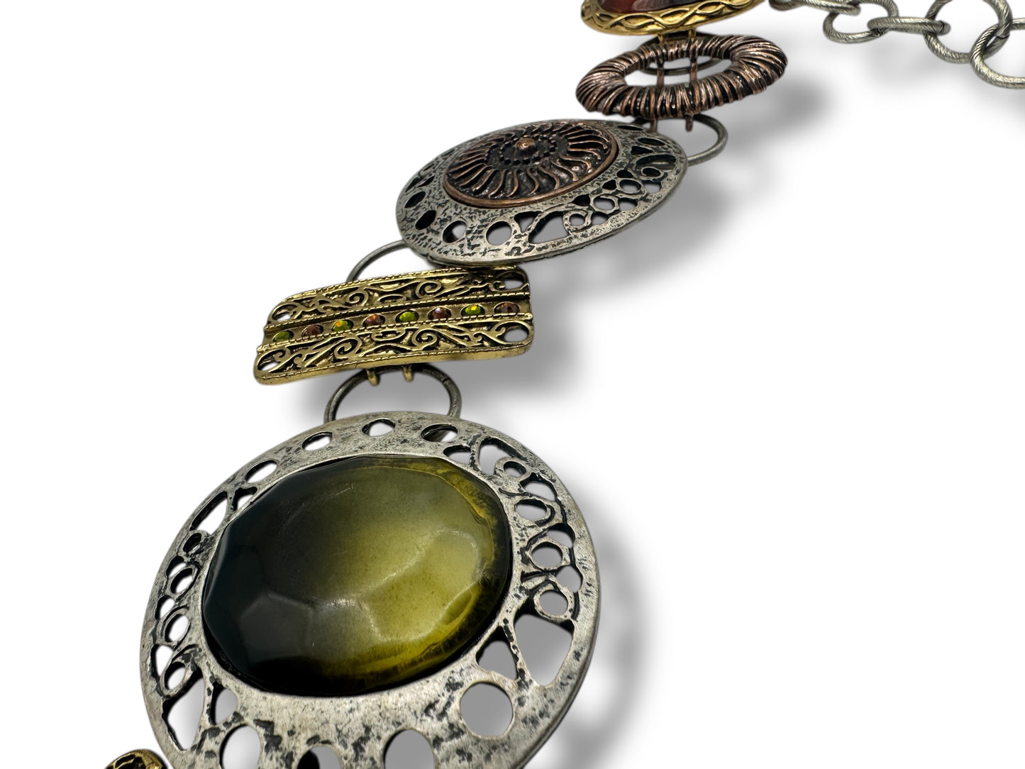 1970s Chicos Bohemian Medallion Chain Belt with Amber & Olive Accents