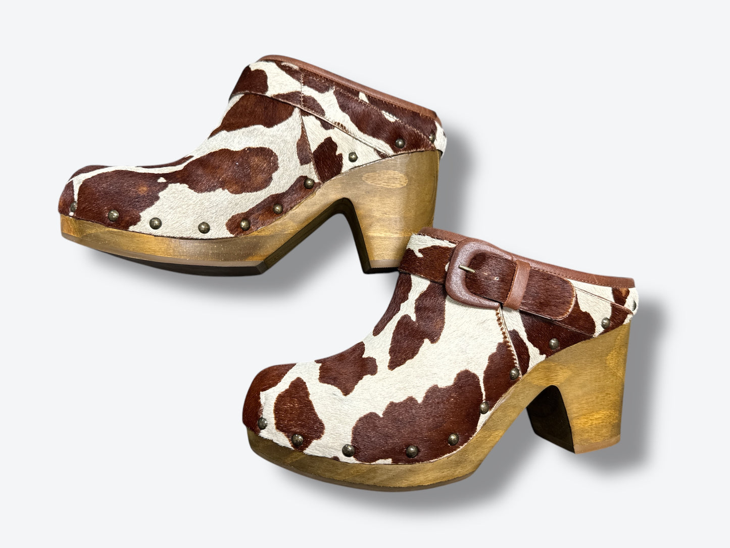 Trend: “Matisse” Brown + White Cow Hide Clogs