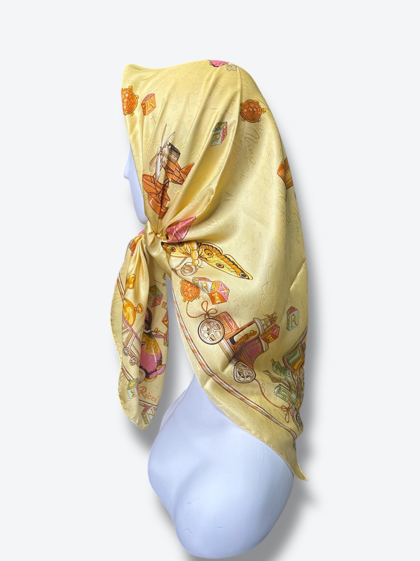 1980s 34” Nina Ricci Paris “Jouets” Toys & Trains Aviation Print Scarf