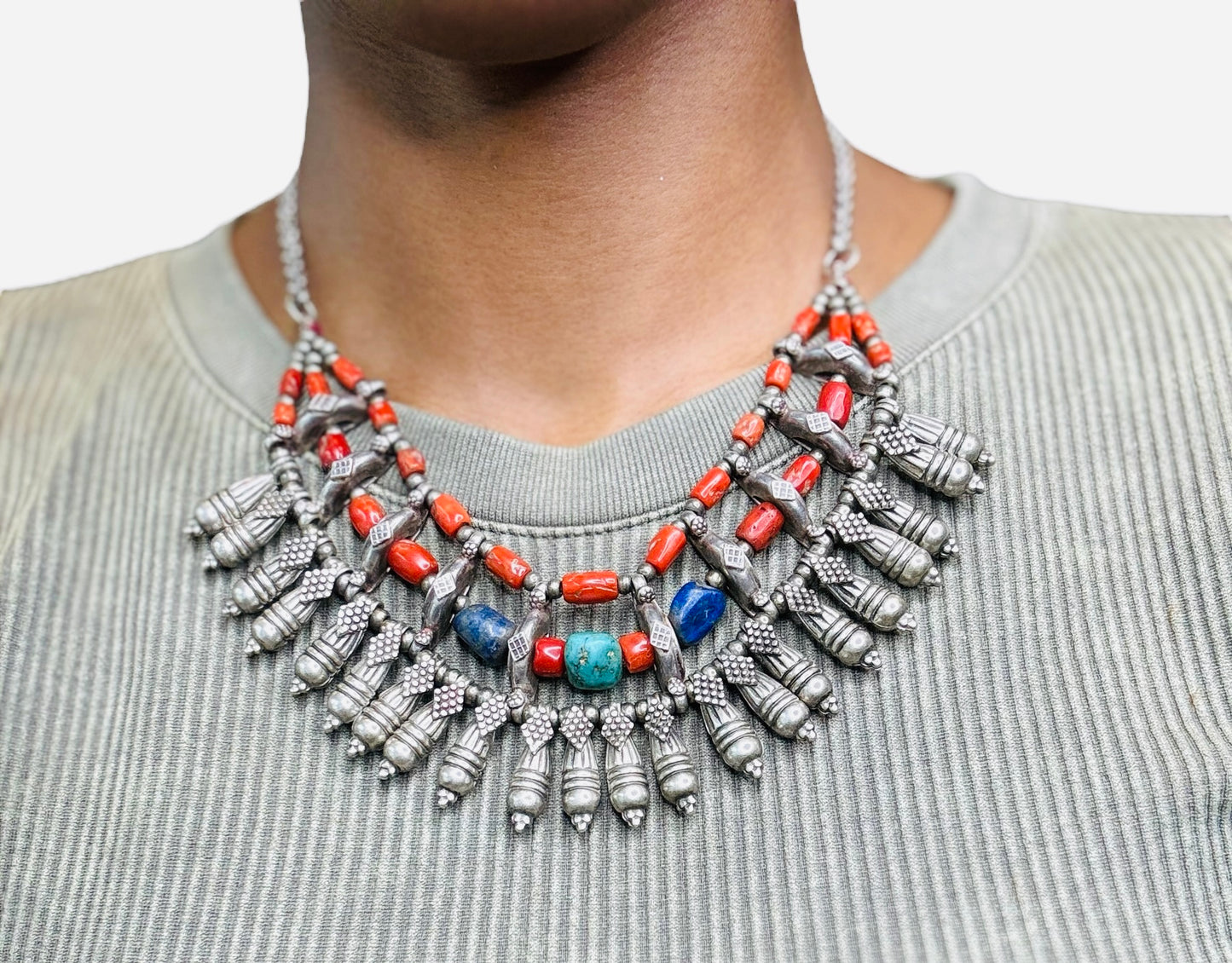 1970s Hippie Coral and Stone Necklace