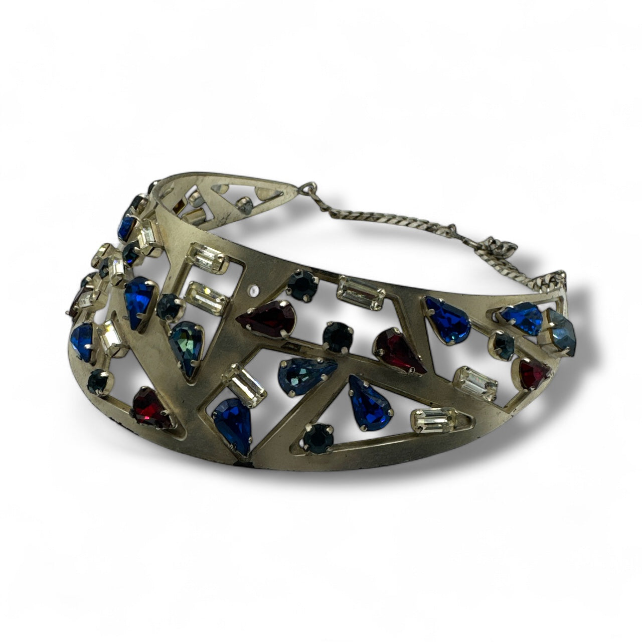 1970s Geometric Openwork Jewel Toned Crystal Collar