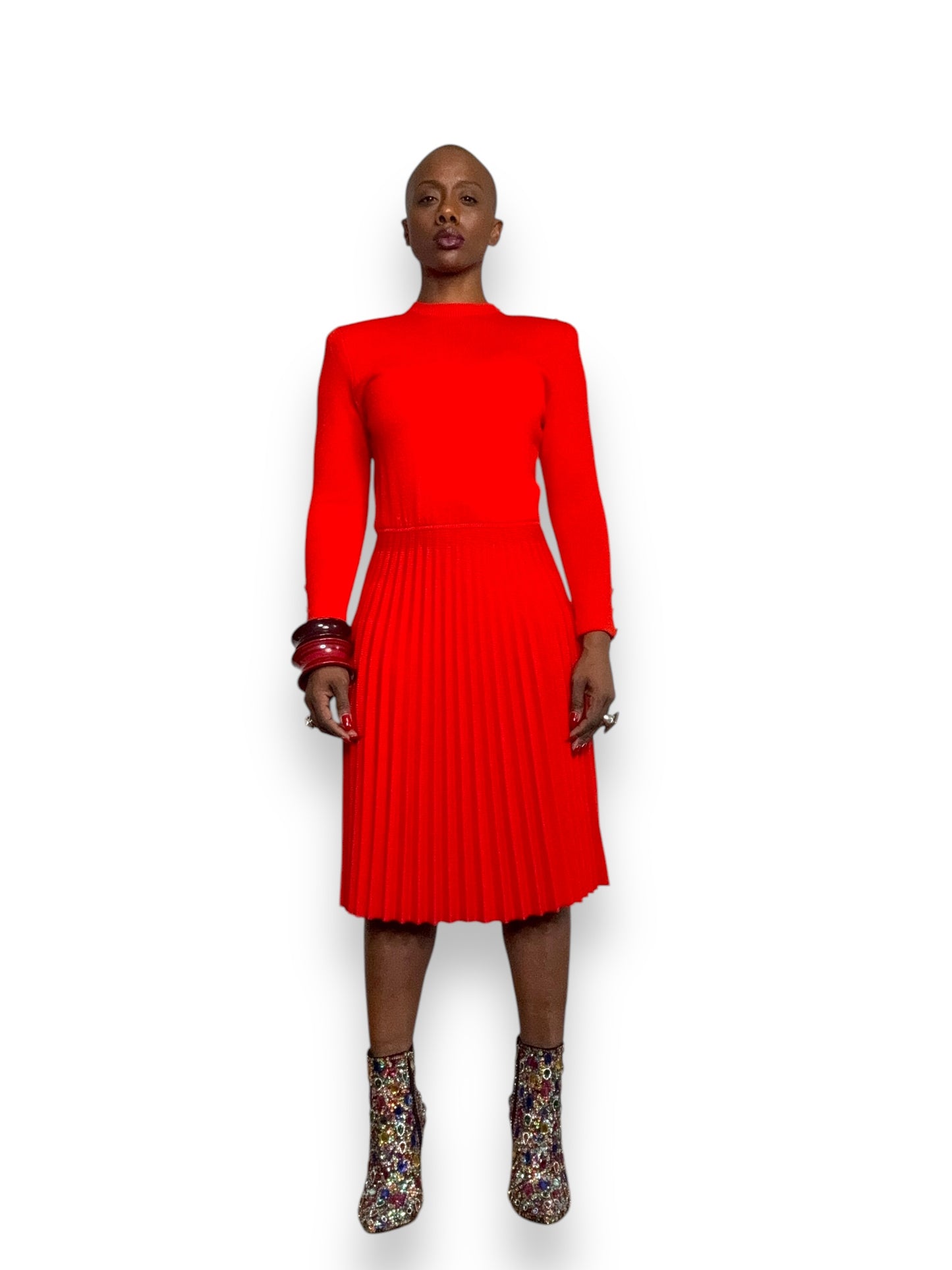 1980s St John Marie Gray Red Pleated Sweater Dress