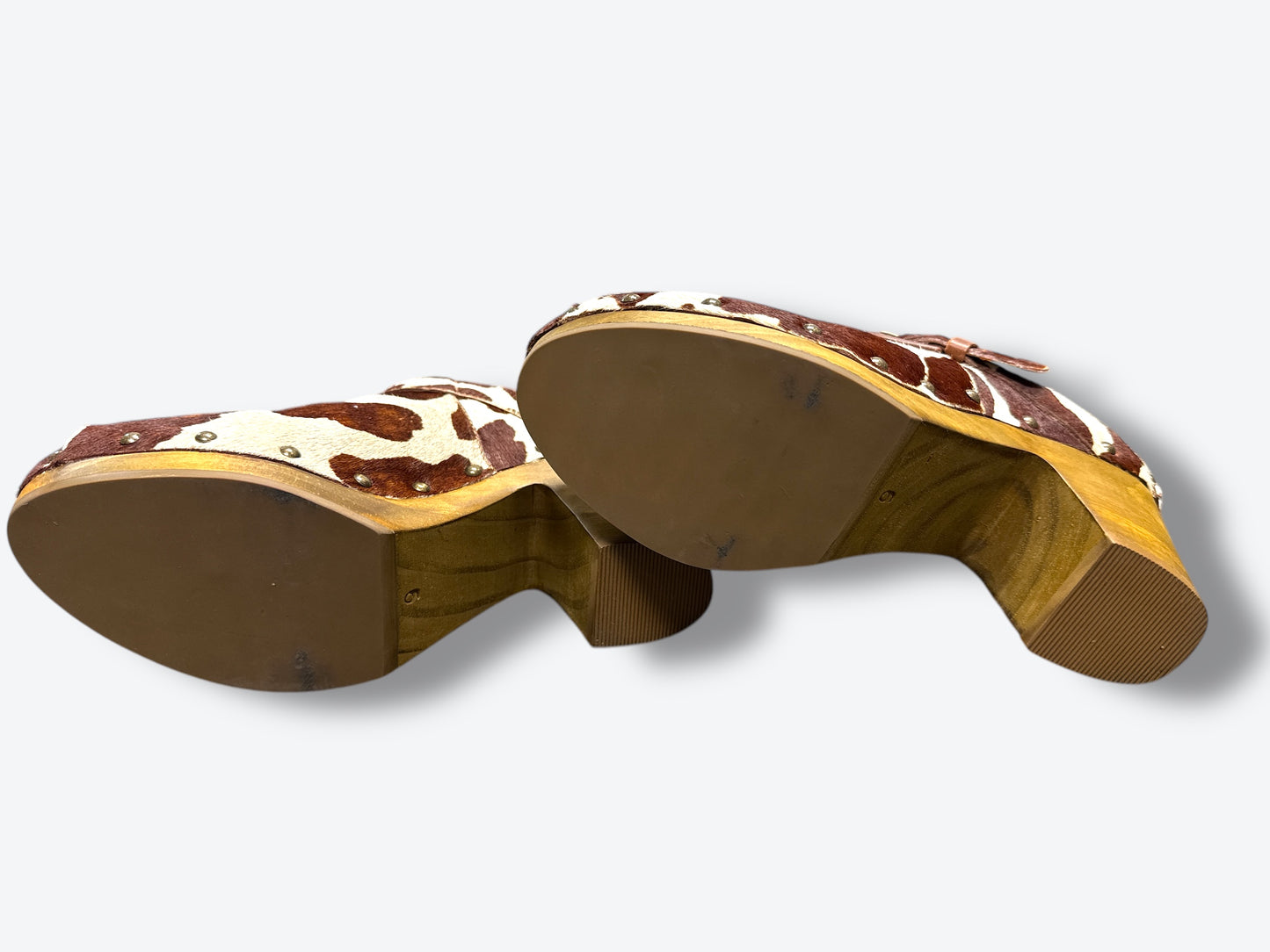 Trend: “Matisse” Brown + White Cow Hide Clogs
