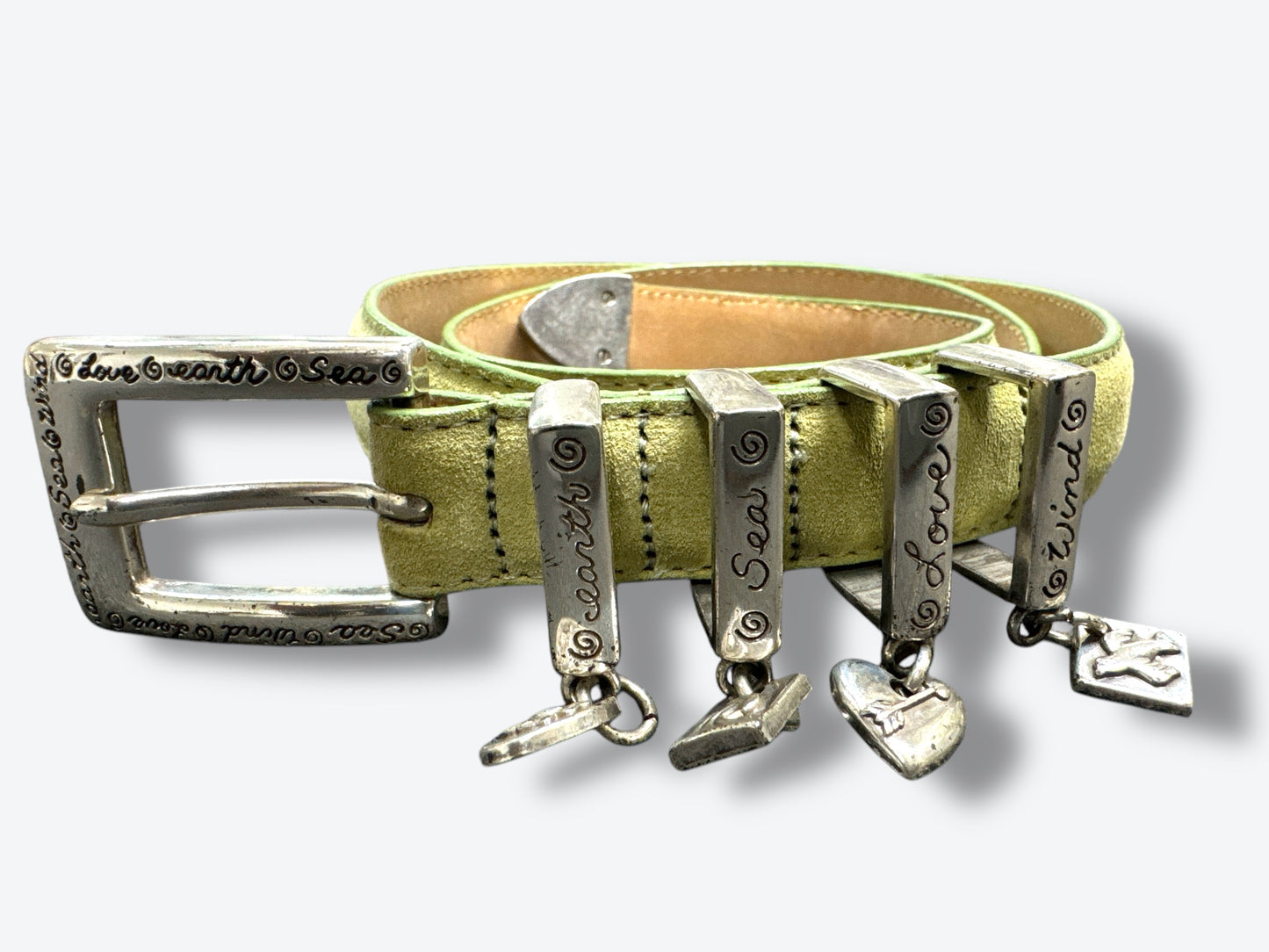 1990s “Brighton” Lime Green “ Earth • Sea • Wind • Love” Suede Charm Belt