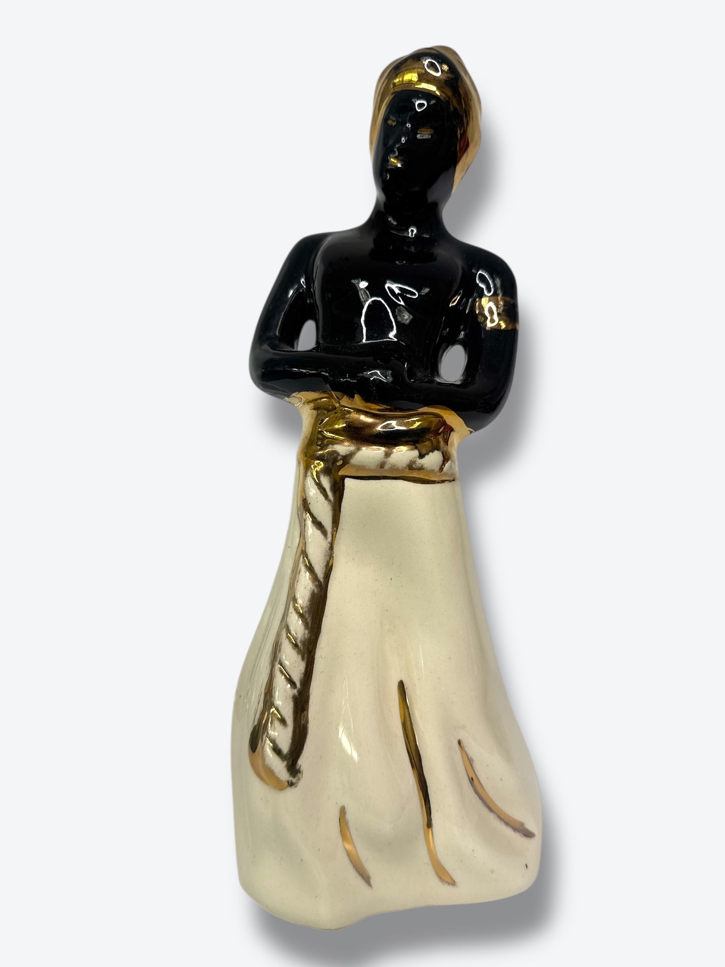 Vintage Mid-Century Ceramic Figurine with Gold Accents – Afro-Caribbean Style