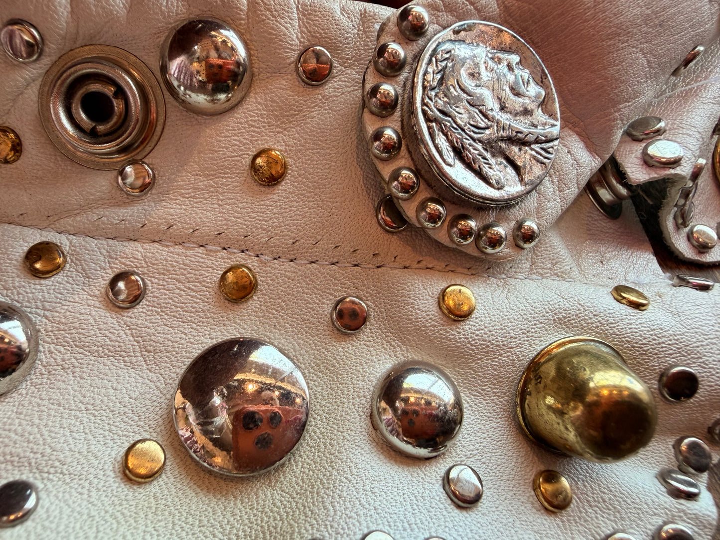 1970s Lily Fauorche Leather Studded Aysmmetrical Snap Belt