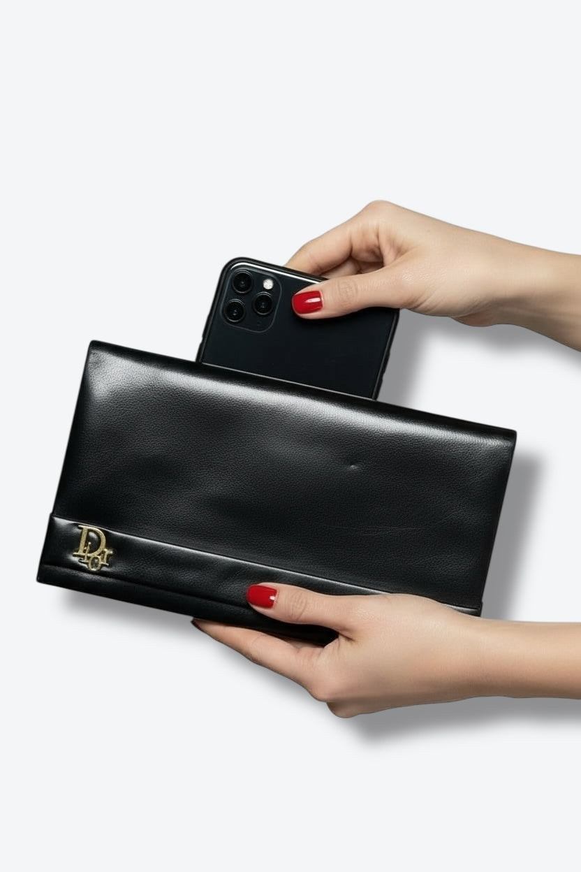 1970s Christian Dior Black Leather Logo Clutch