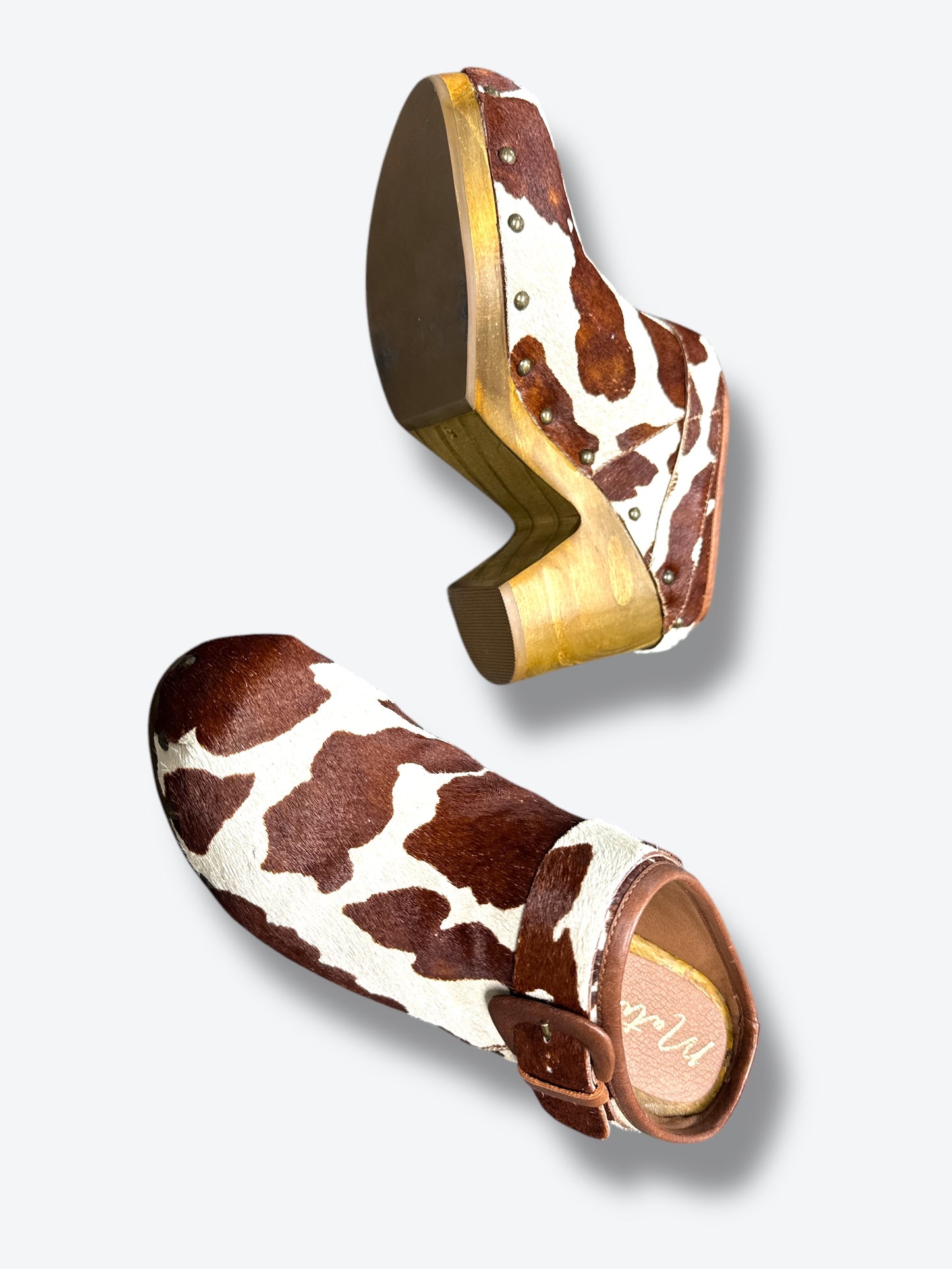 Trend: “Matisse” Brown + White Cow Hide Clogs