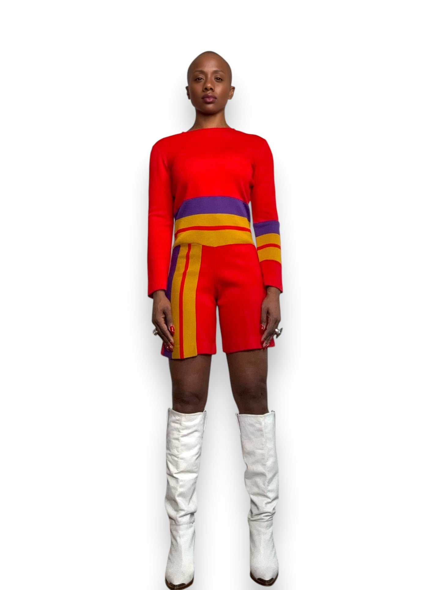 1970s Rudi Gernreich Design Harmon Knitwear Red Color Block Jumpsuit