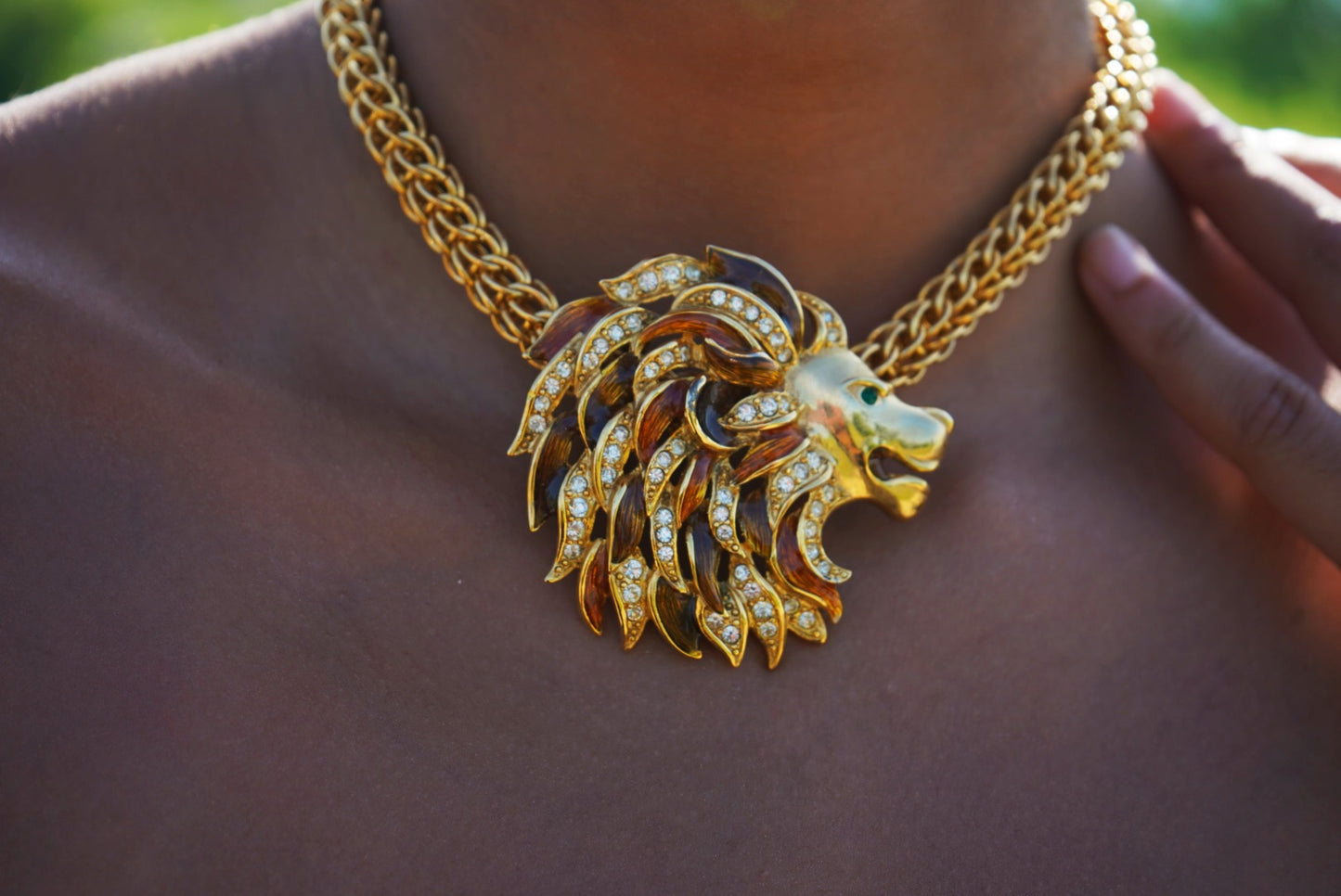 1980s Craft Lion Head Statement Necklace with Rhinestone & Enamel Mane