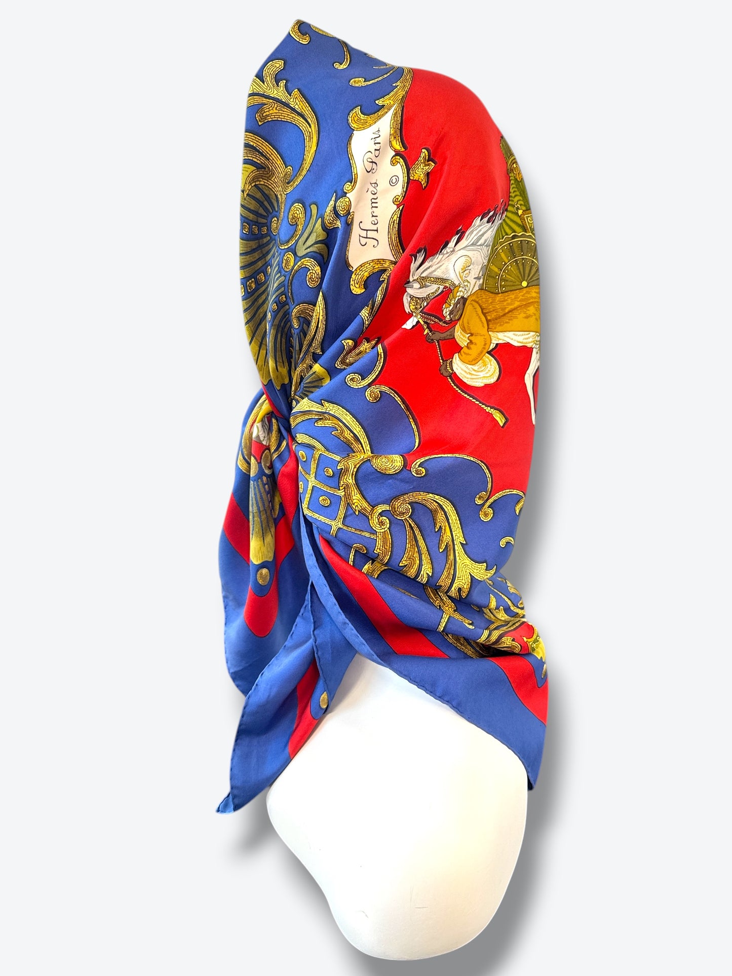 1970s 35” x 35” Hermès Paris Vintage Silk Scarf “Cheval Turc” – Red/Blue/Gold