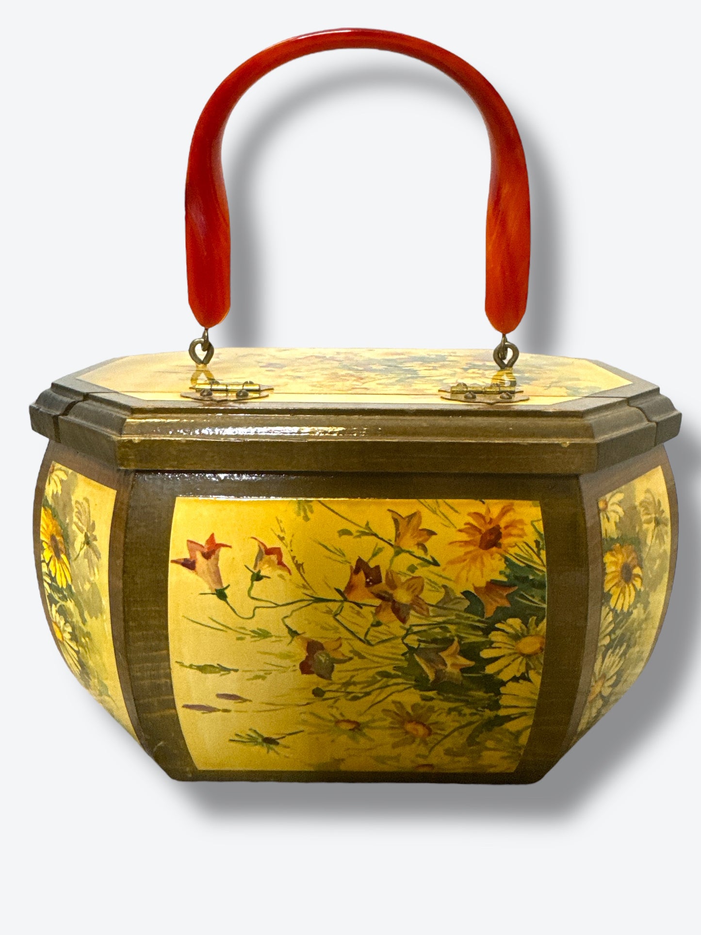 1960s Decoupage Floral Wooden Purse + Bakelite Handle
