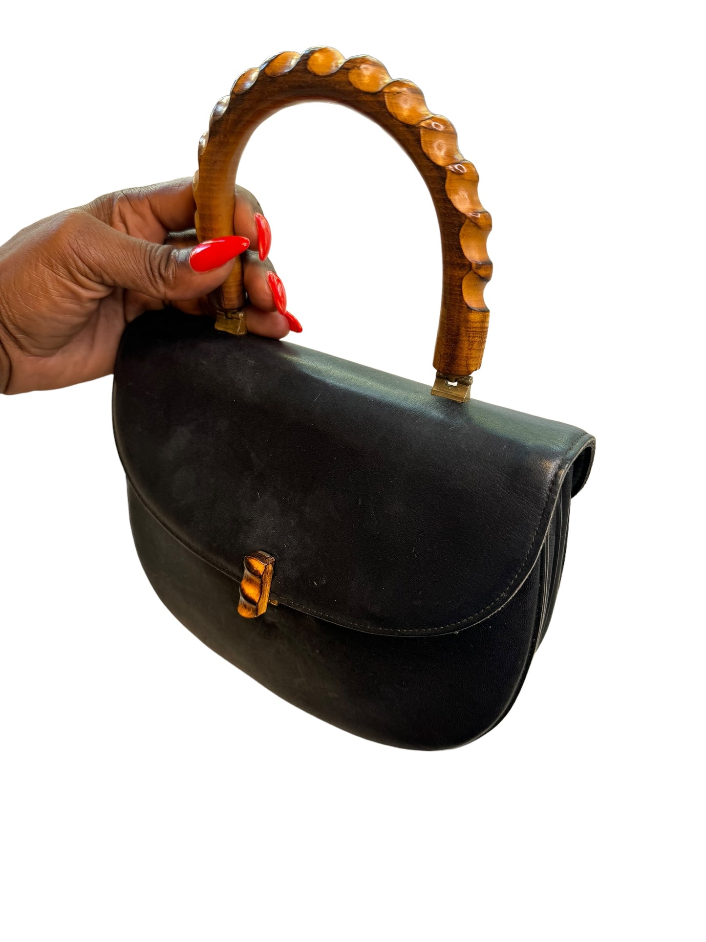 1950s Vegan Leather and Bamboo Accordion Style Hand Bag