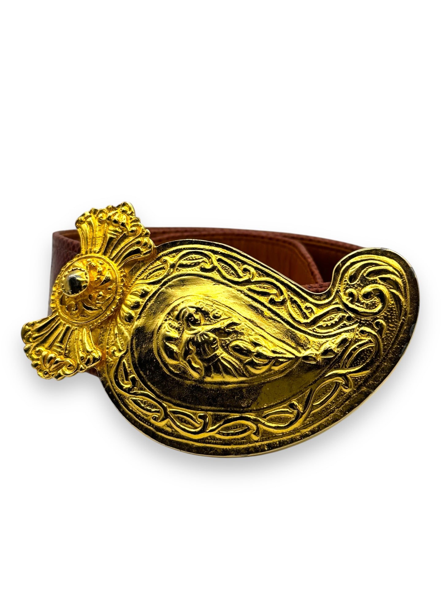 1980s Alexis Kirk 5” Gold Paisley Brown Belt