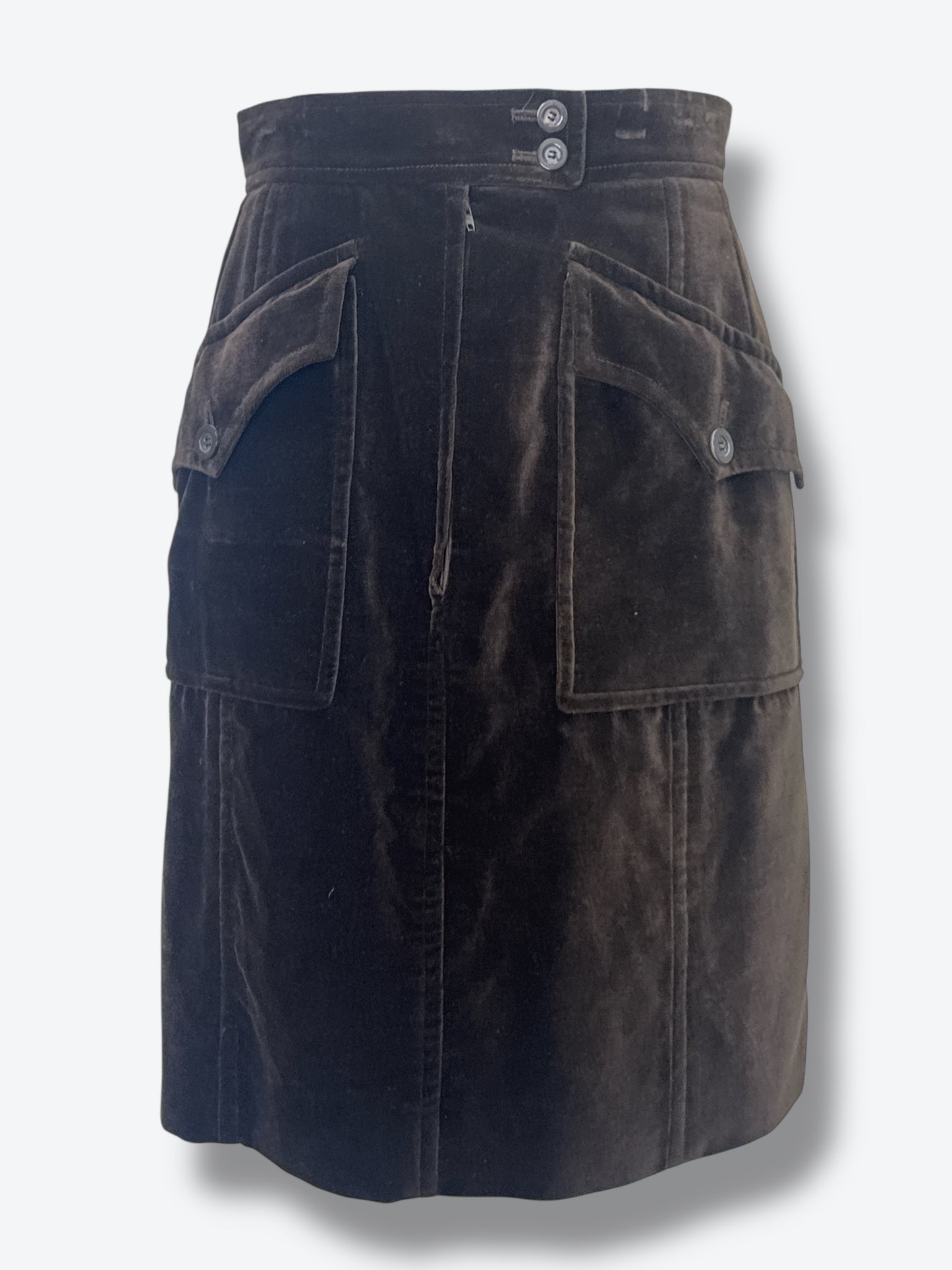 #10. 1970s Yves Saint Laurent Rive Gauche Brown Velvet Utility Mini Skirt
