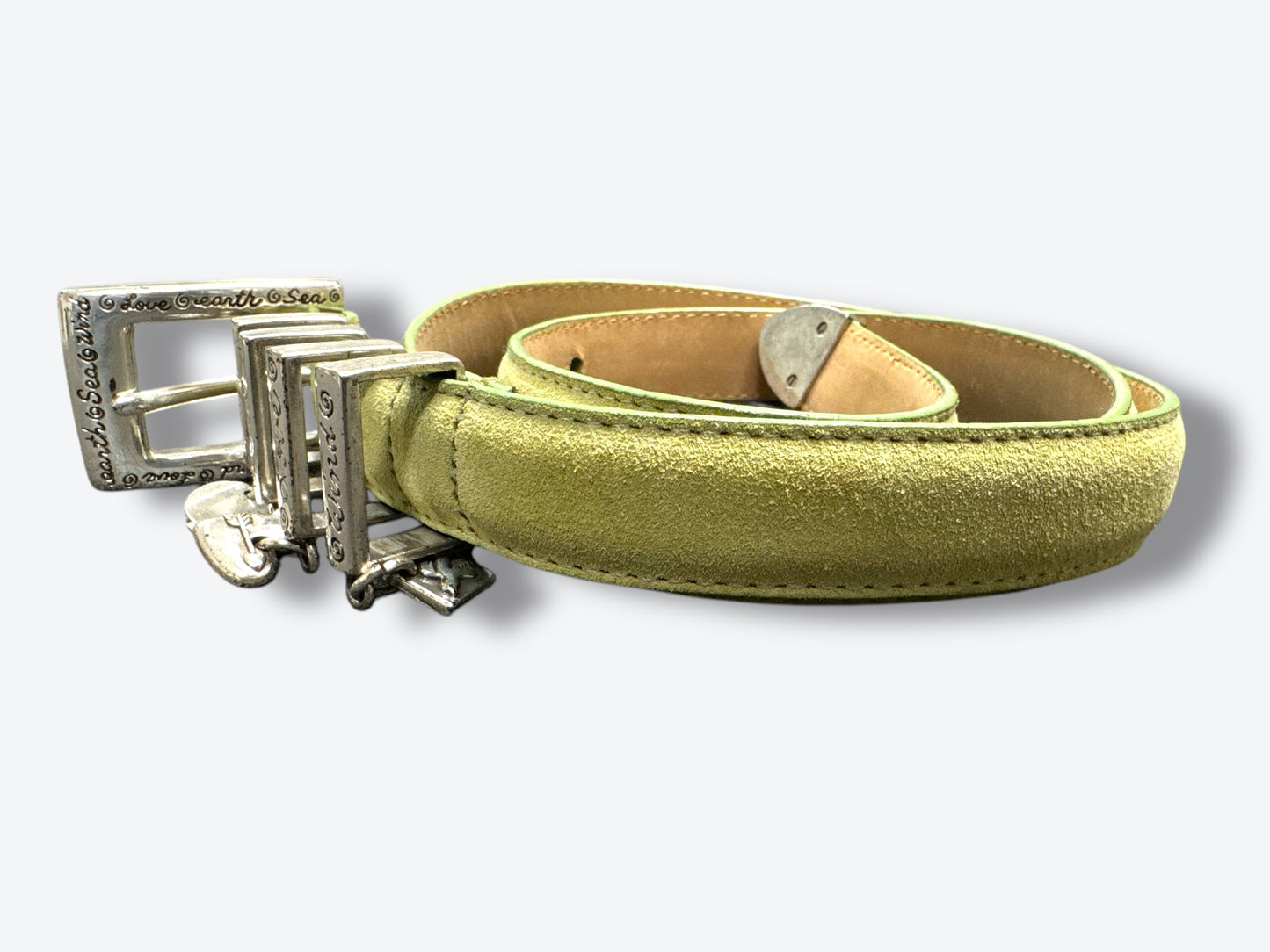1990s “Brighton” Lime Green “ Earth • Sea • Wind • Love” Suede Charm Belt