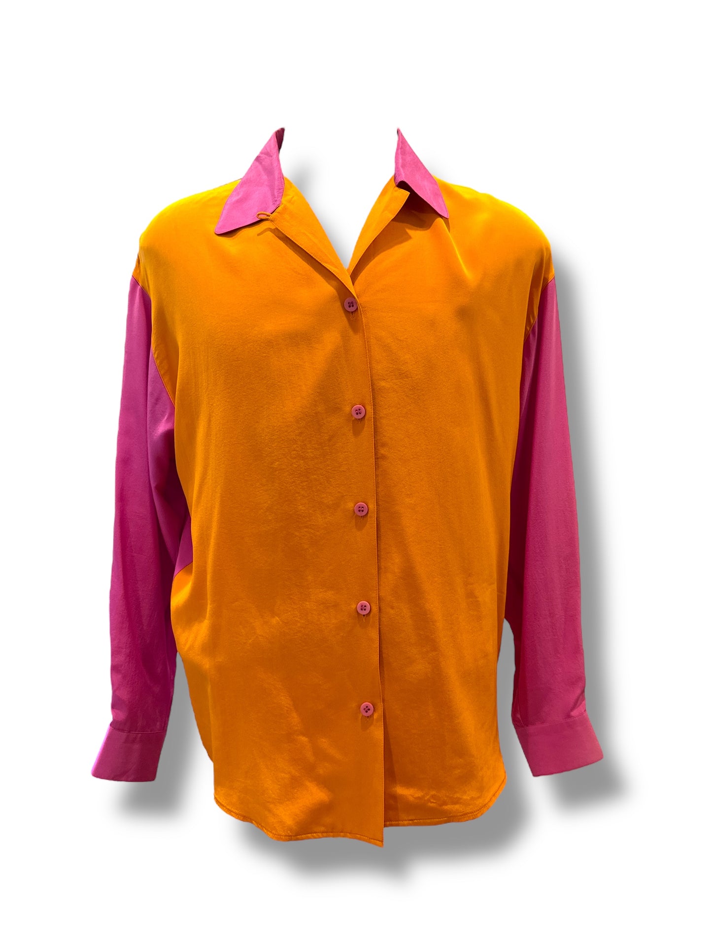 Vintage 1990s Anne Klein Pink and Orange Colorblock Silk Blouse