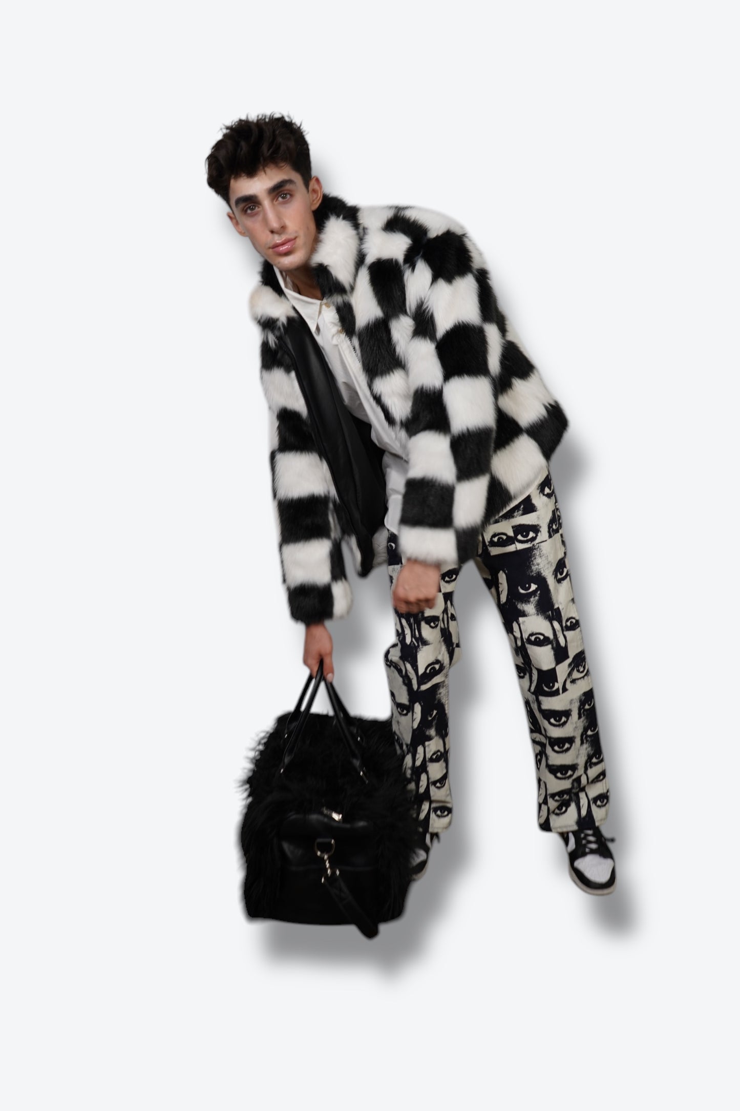 Vintage Black and White Checkered Faux Fur Jacket