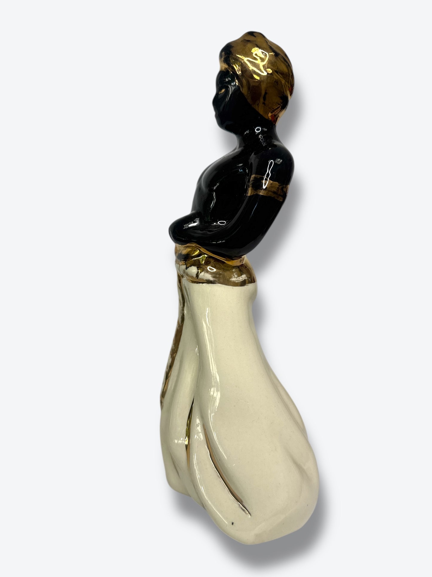 Vintage Mid-Century Ceramic Figurine with Gold Accents – Afro-Caribbean Style