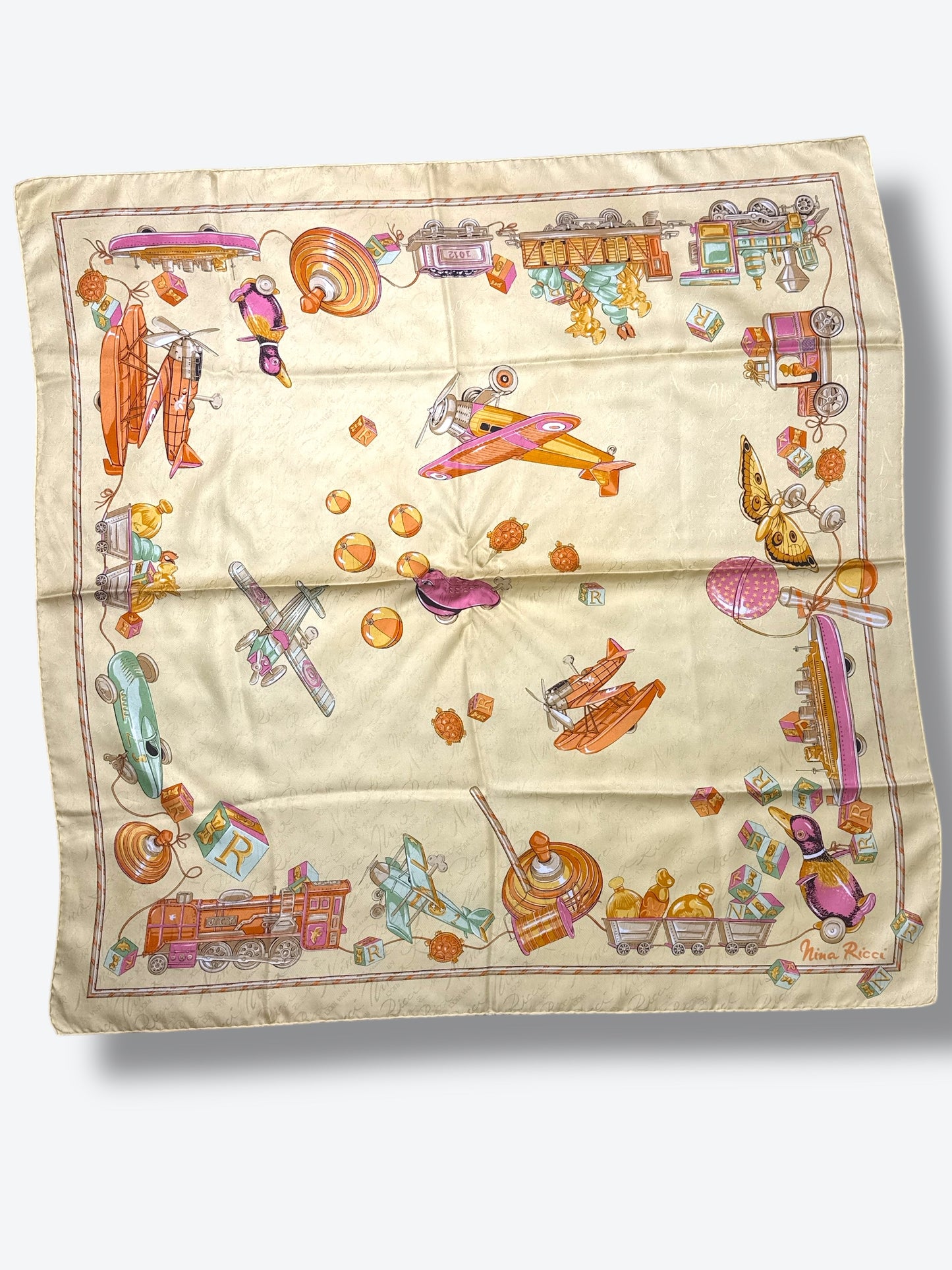 1980s 34” Nina Ricci Paris “Jouets” Toys & Trains Aviation Print Scarf