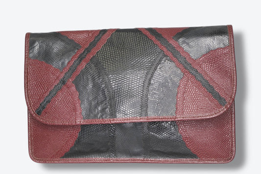 1970s Carlos Falchi Snakeskin Black and Oxblood Clutch