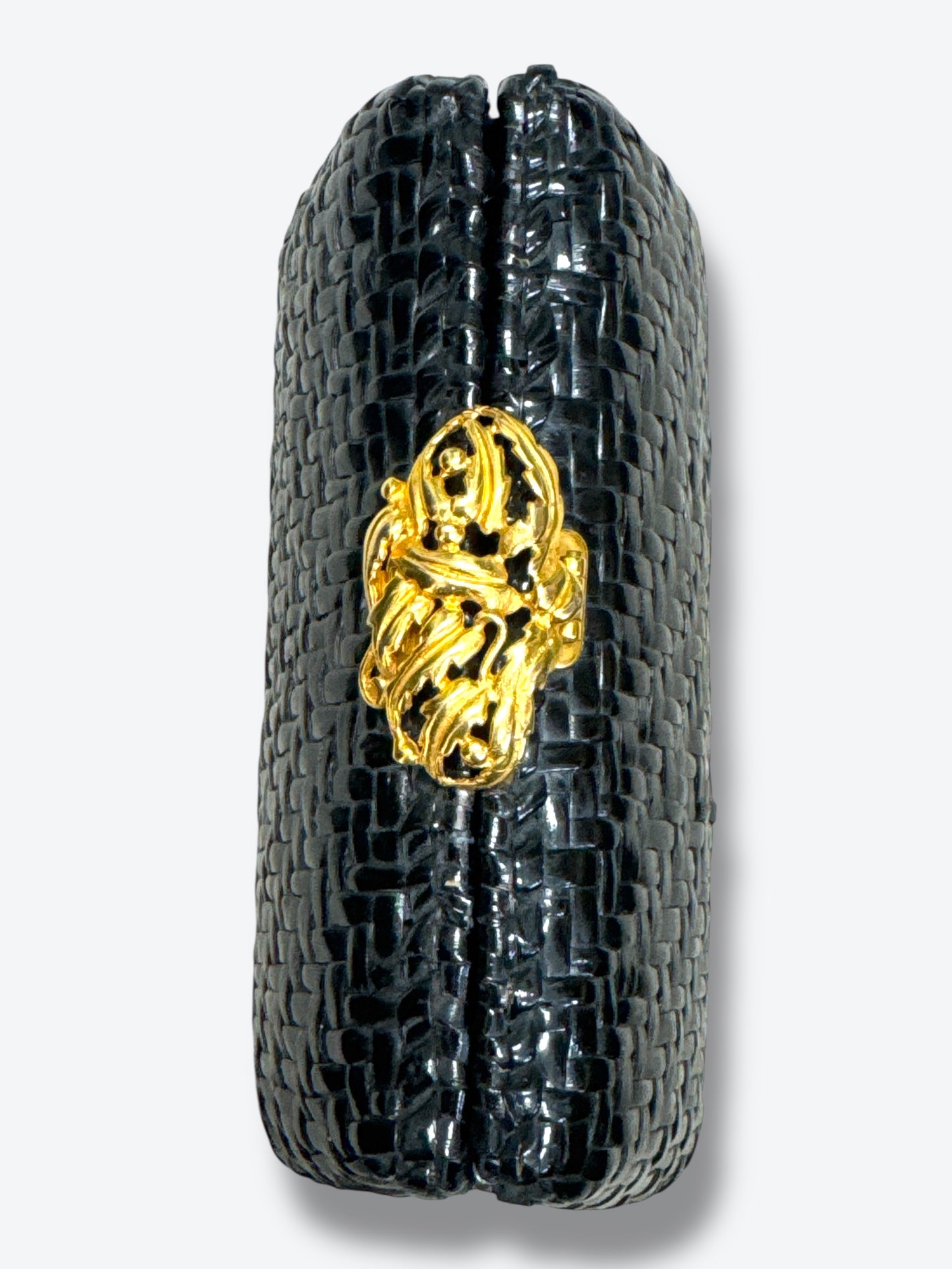 1980s  “Rodo” Black Wicker Clutch with Gold Clasp.