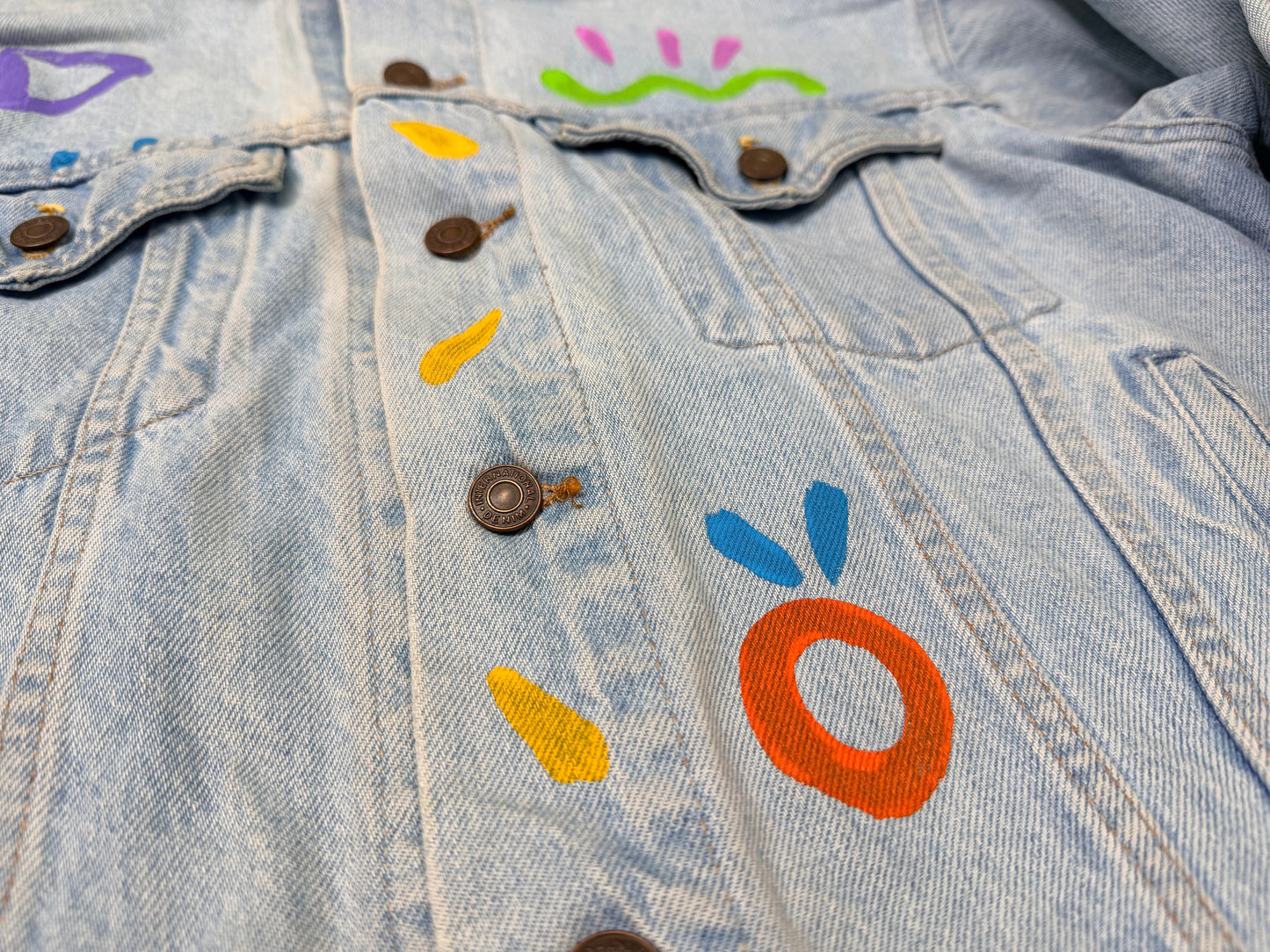 1980/90s Upcycled Hand-Painted Denim Jacket – “Sun Face” Statement Piece