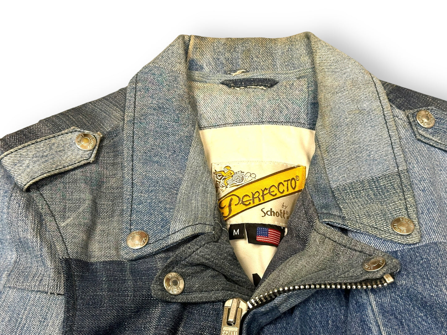 Vintage Schott Perfecto Denim Patchwork Moto Jacket