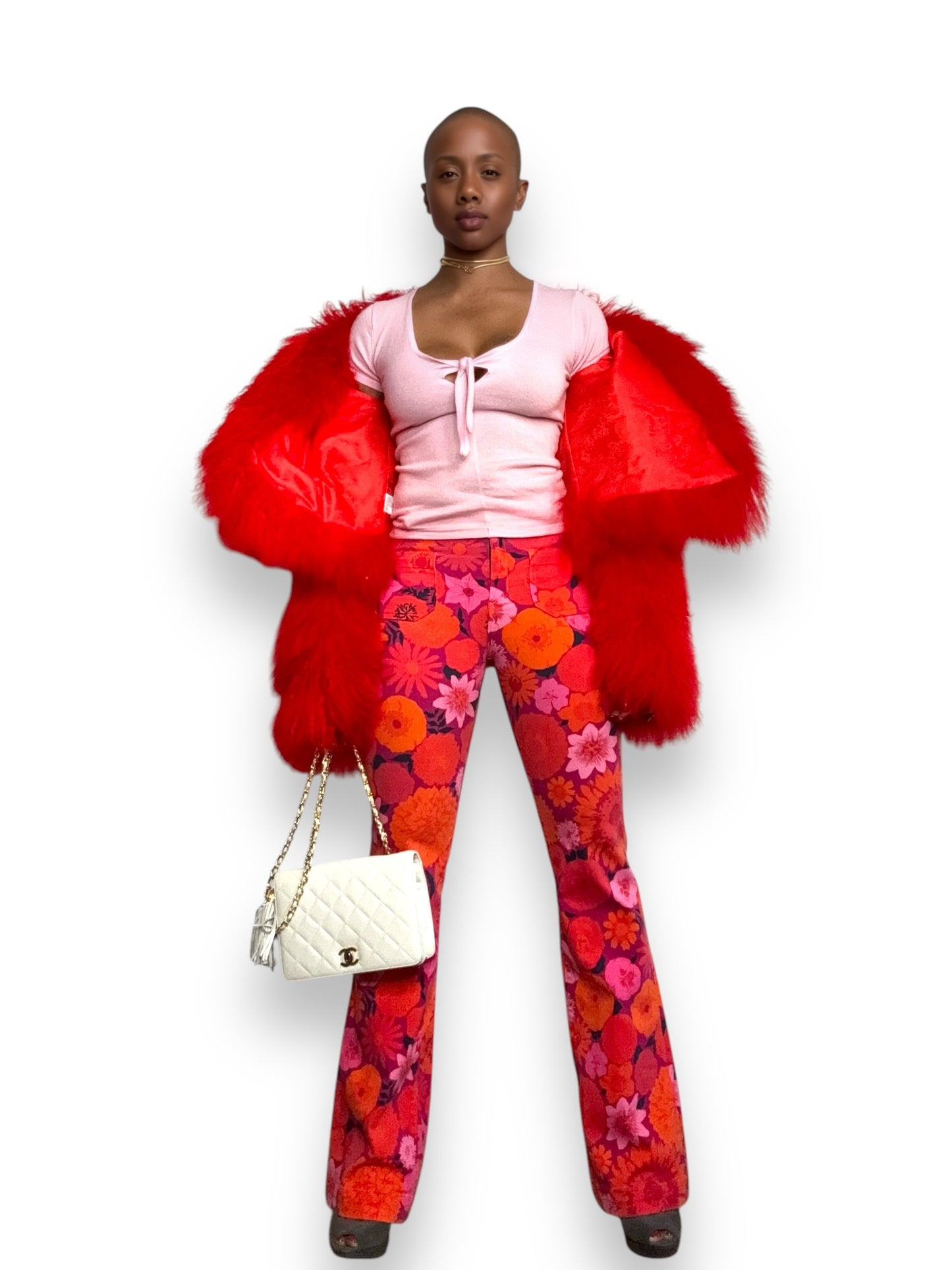 Modern Red Mongolian Lamb Crop Coat