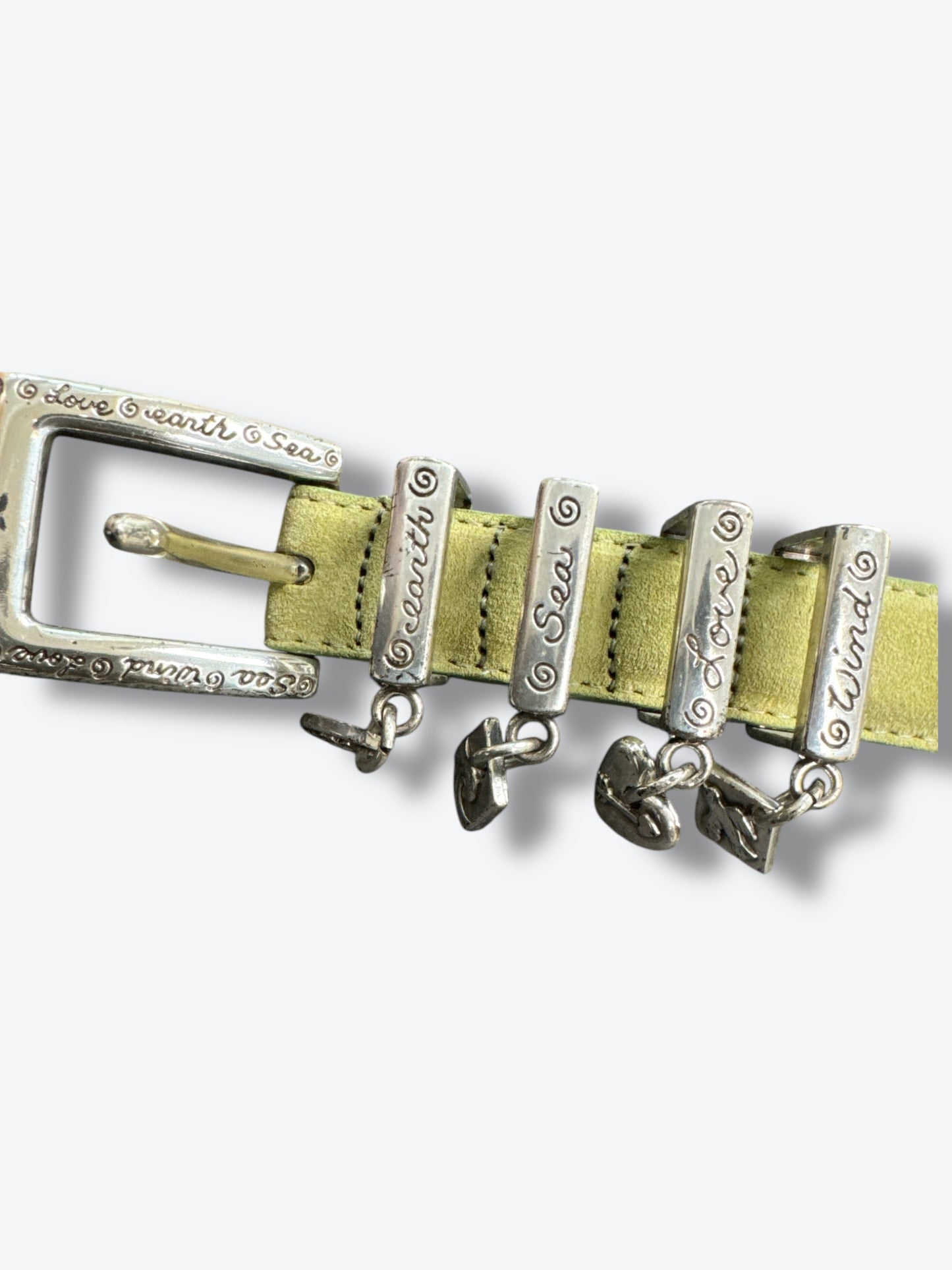 1990s “Brighton” Lime Green “ Earth • Sea • Wind • Love” Suede Charm Belt