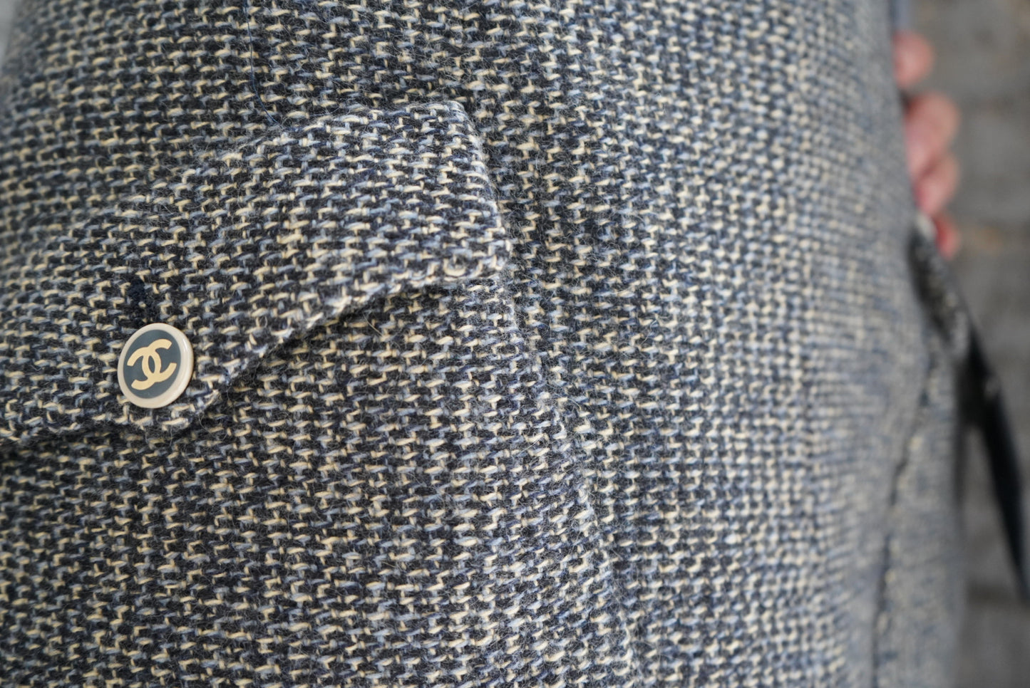 1990s Chanel Blue + Creme Tweed Knee Length Skirt